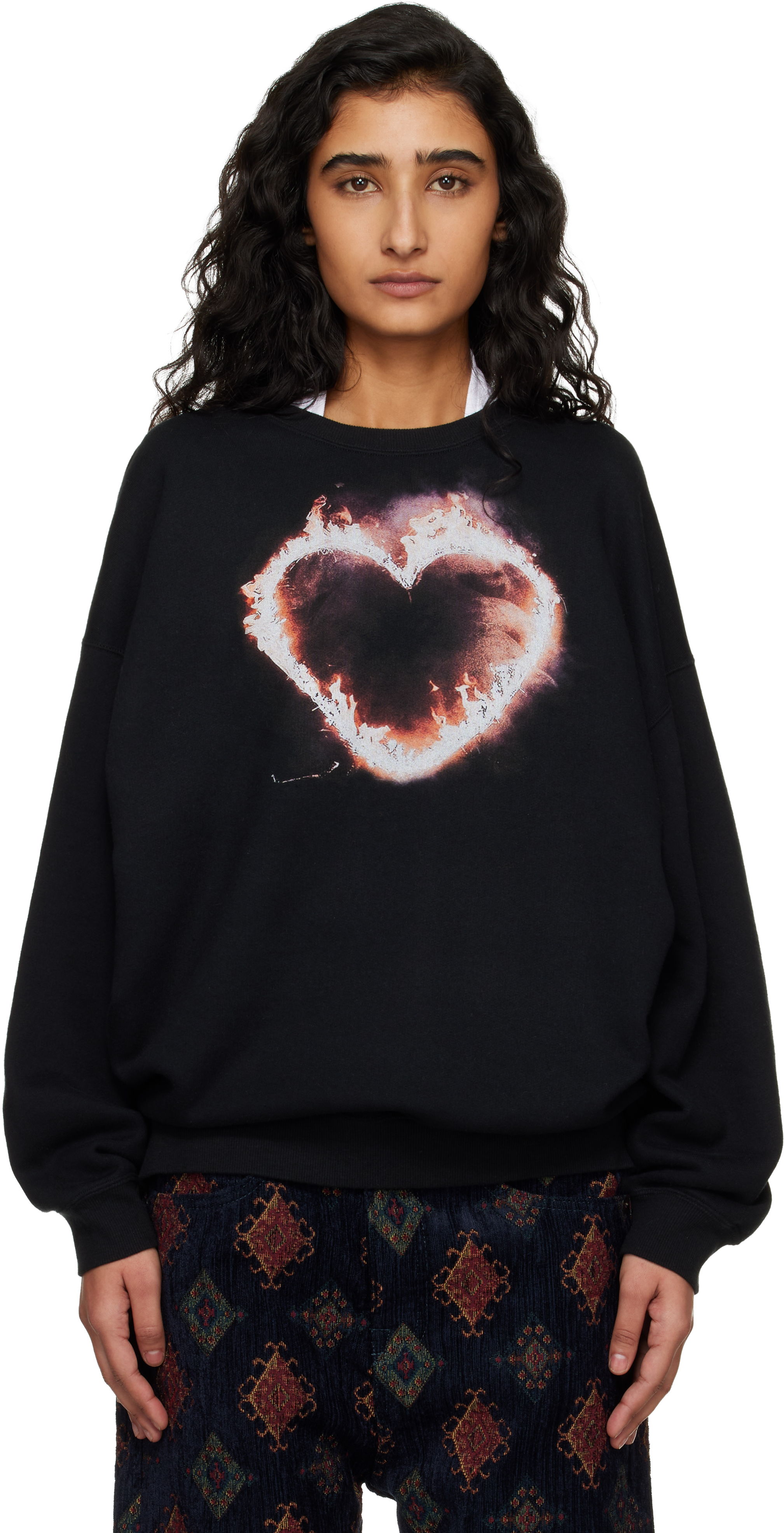 R13のブラック Flaming Heart オーバーサイズ クルーネック スウェット