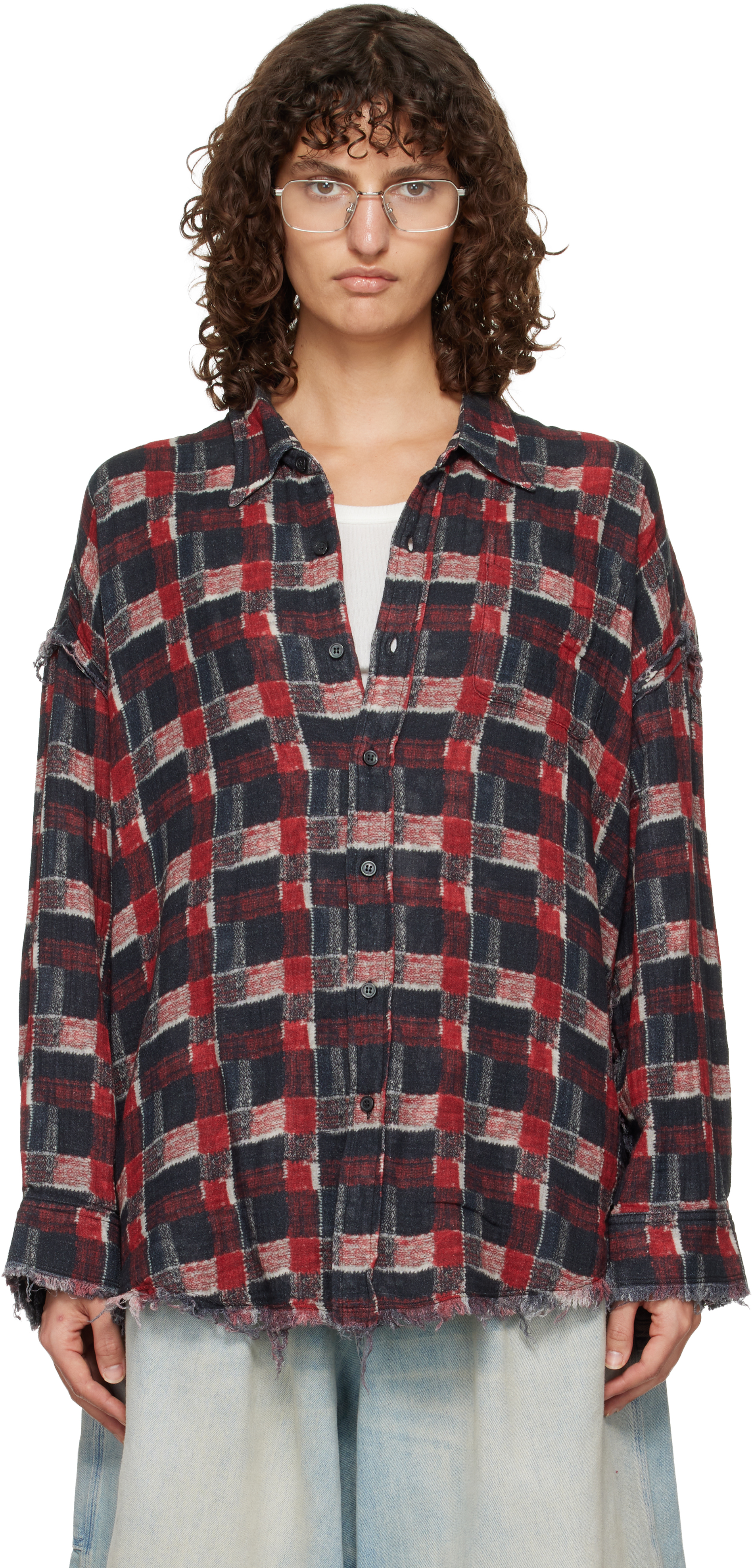 美品 R13 Crewneck shredded shirt 加工チェックシャツ R13 Shredded Seam Drop Neck Reversible Cotton Gauze Button-Up