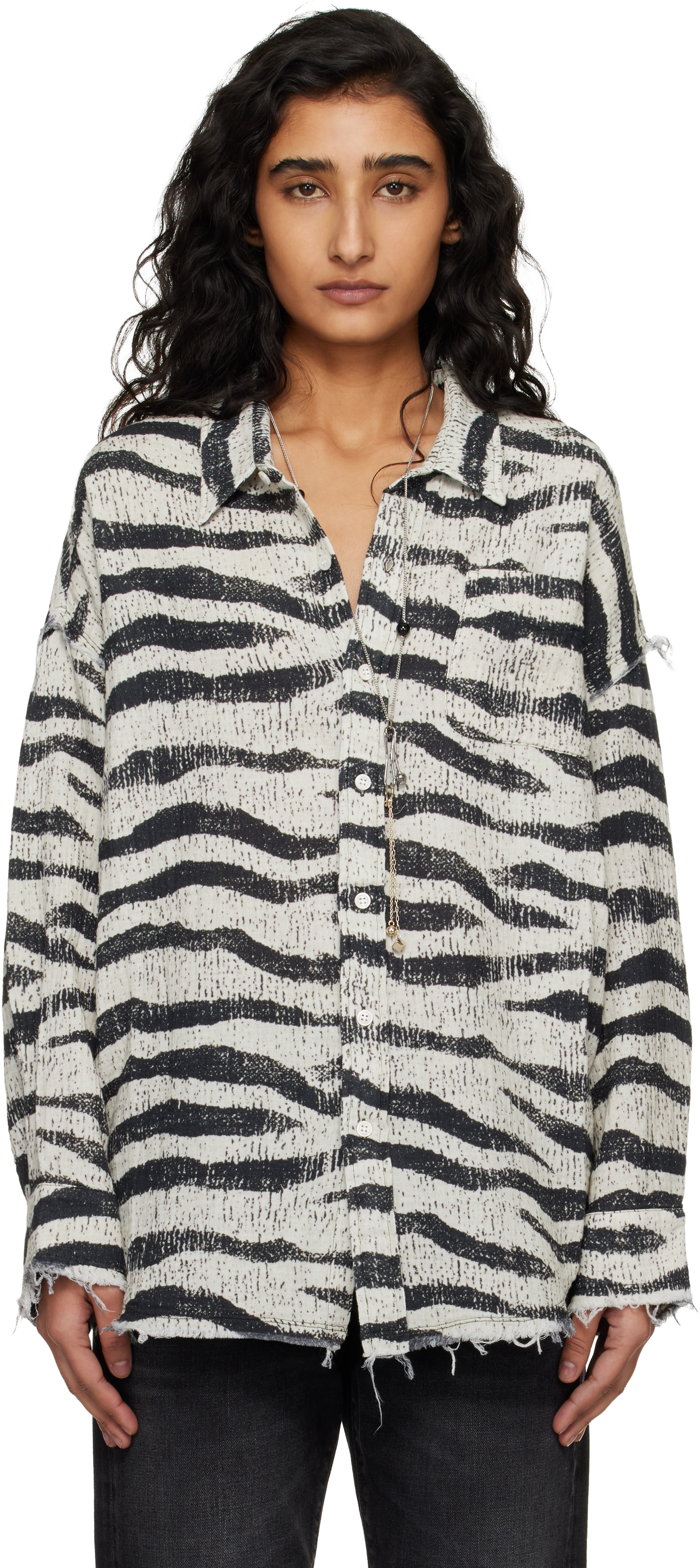 R13: Black & White Shredded Seam Drop Neck Shirt | SSENSE