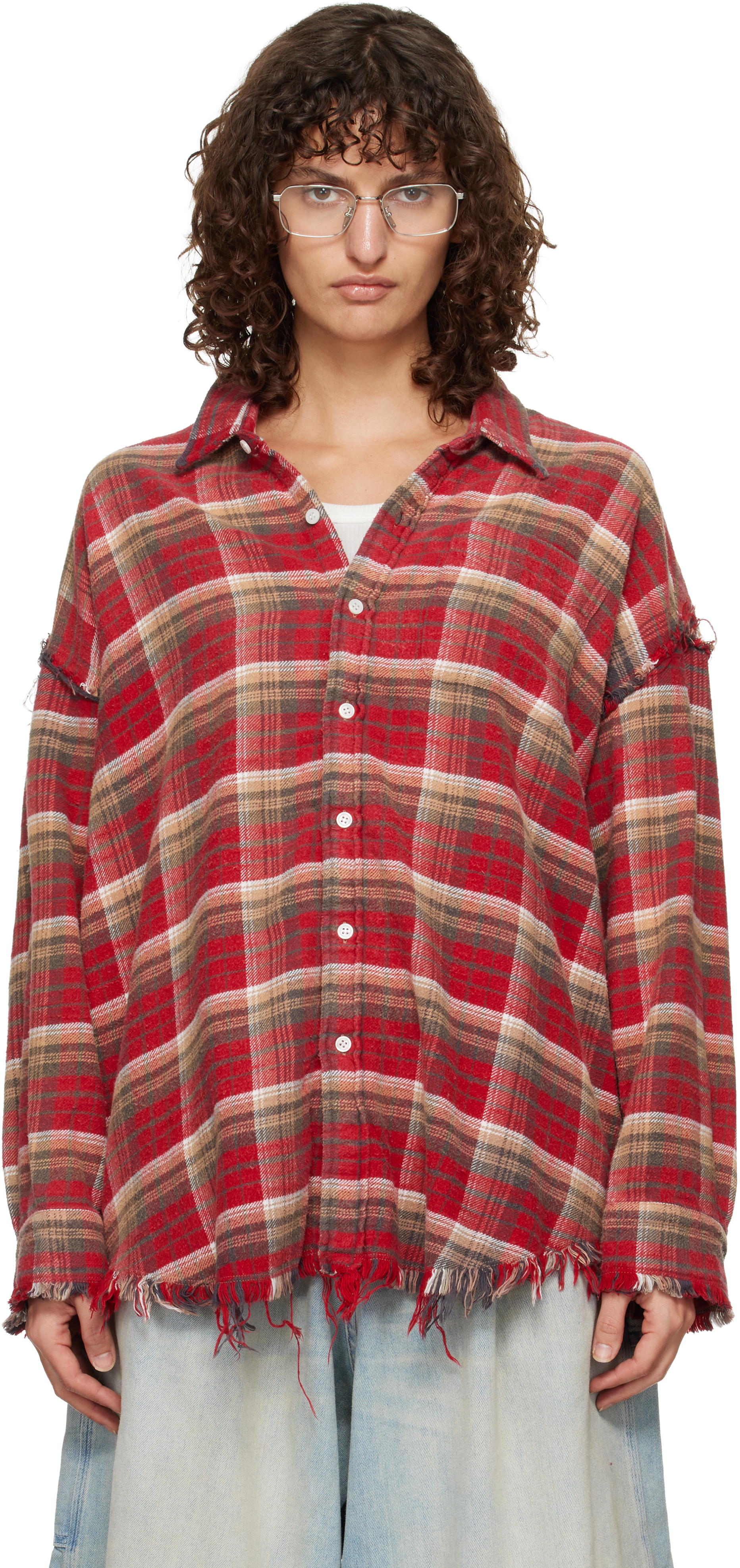 R13: SSENSE Exclusive Red Shredded Seam Drop Neck Shirt | SSENSE