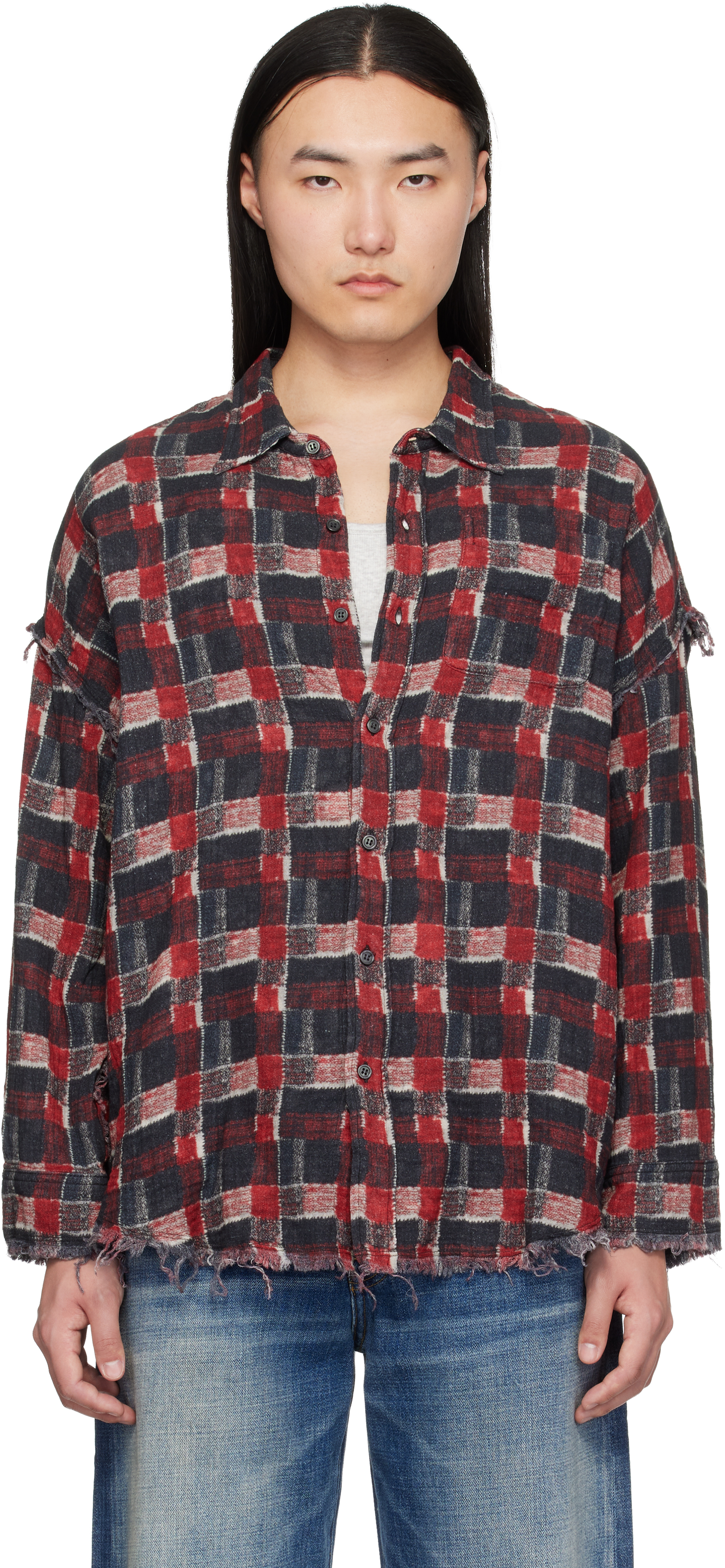 美品 R13 Crewneck shredded shirt 加工チェックシャツ R13のブラック＆レッド Shredded Seam リバーシブル ドロップネック