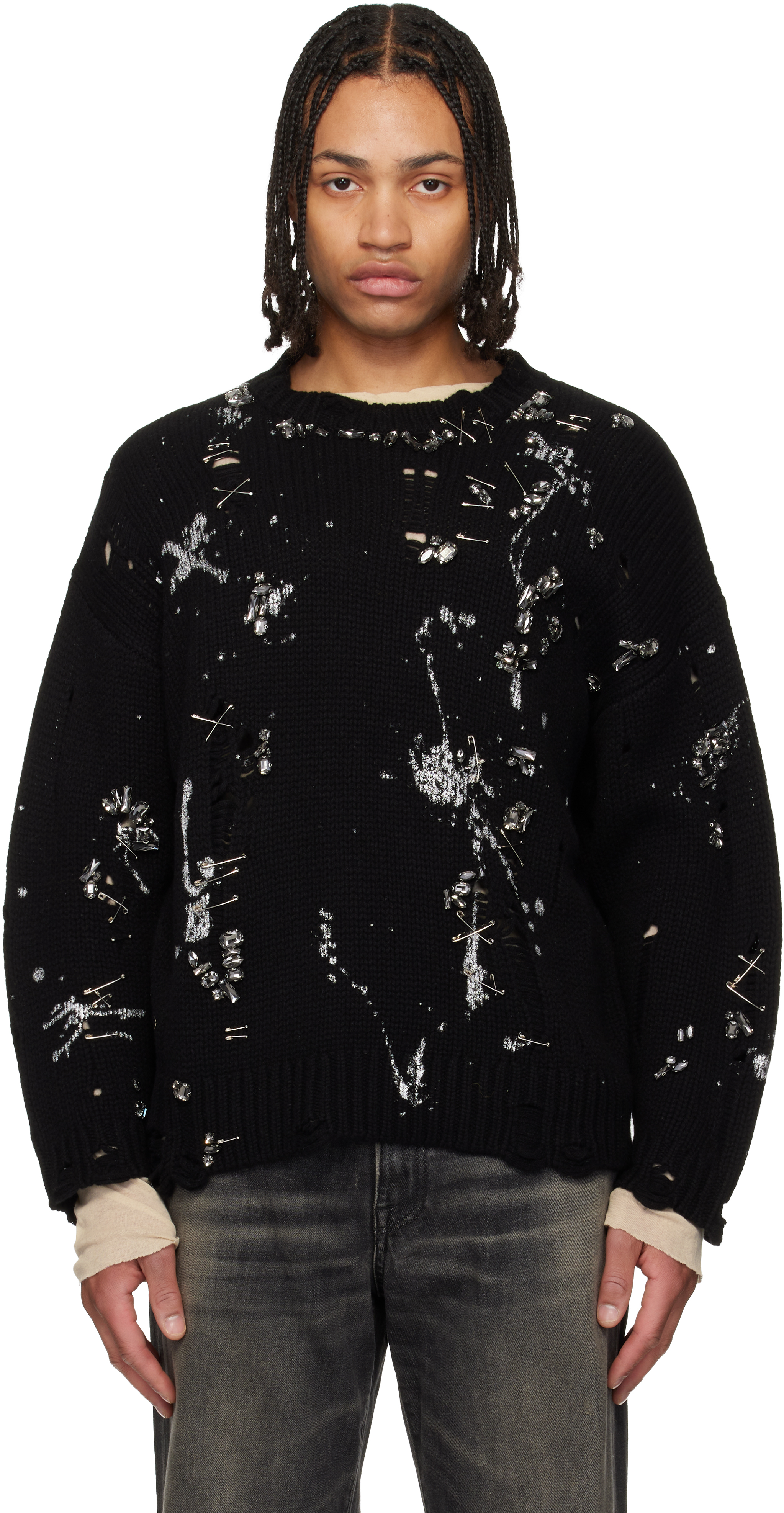 R13 Black Distressed Oversized Crystals & Pins Sweater