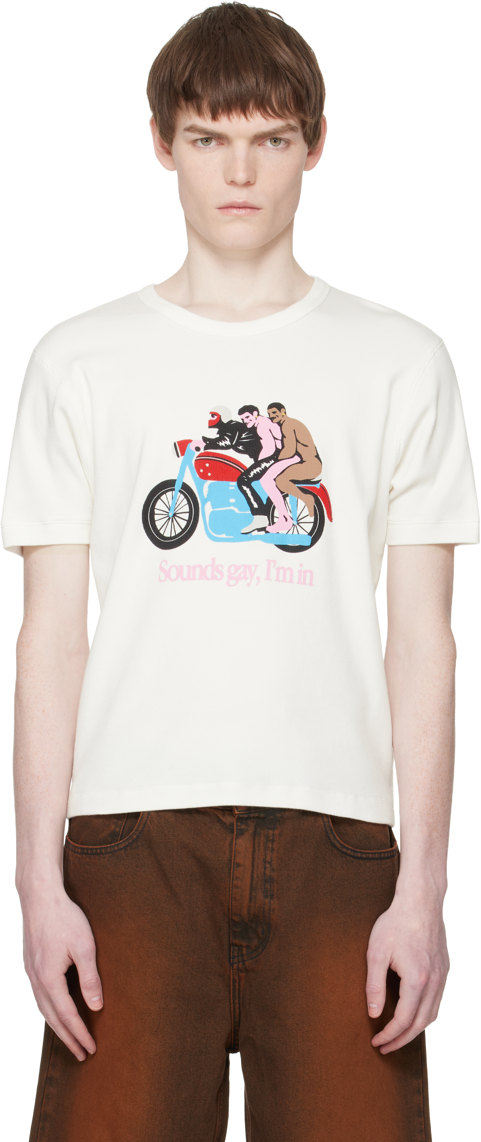 Carne Bollente SS24 Tシャツ S Off-White 'Sounds gay, we're in' T-shirt by Carne Bollente on Sale