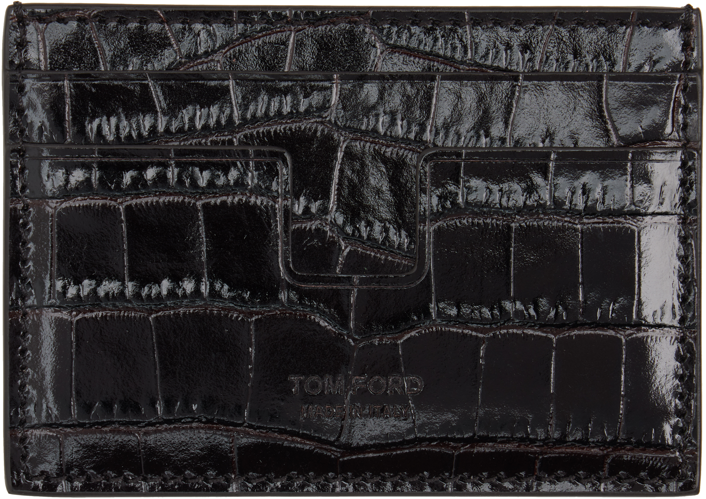 Black Shiny Croc 'T Line' Money Clip Card Holder by TOM FORD on Sale