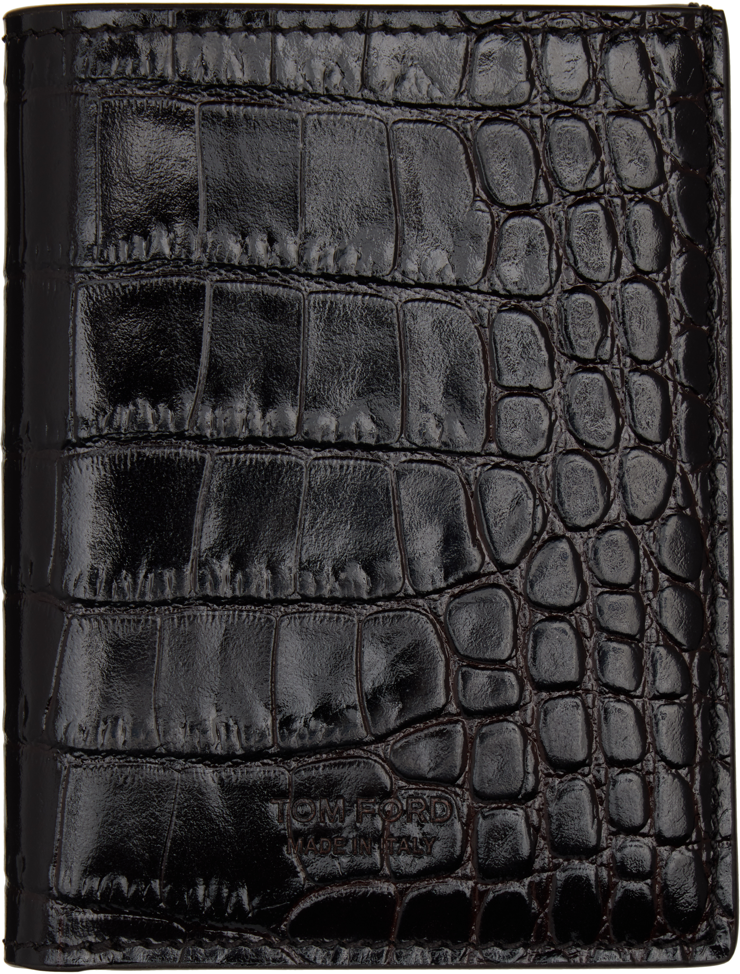 Brown Shiny Printed Croc T Line Card Holder by TOM FORD on Sale