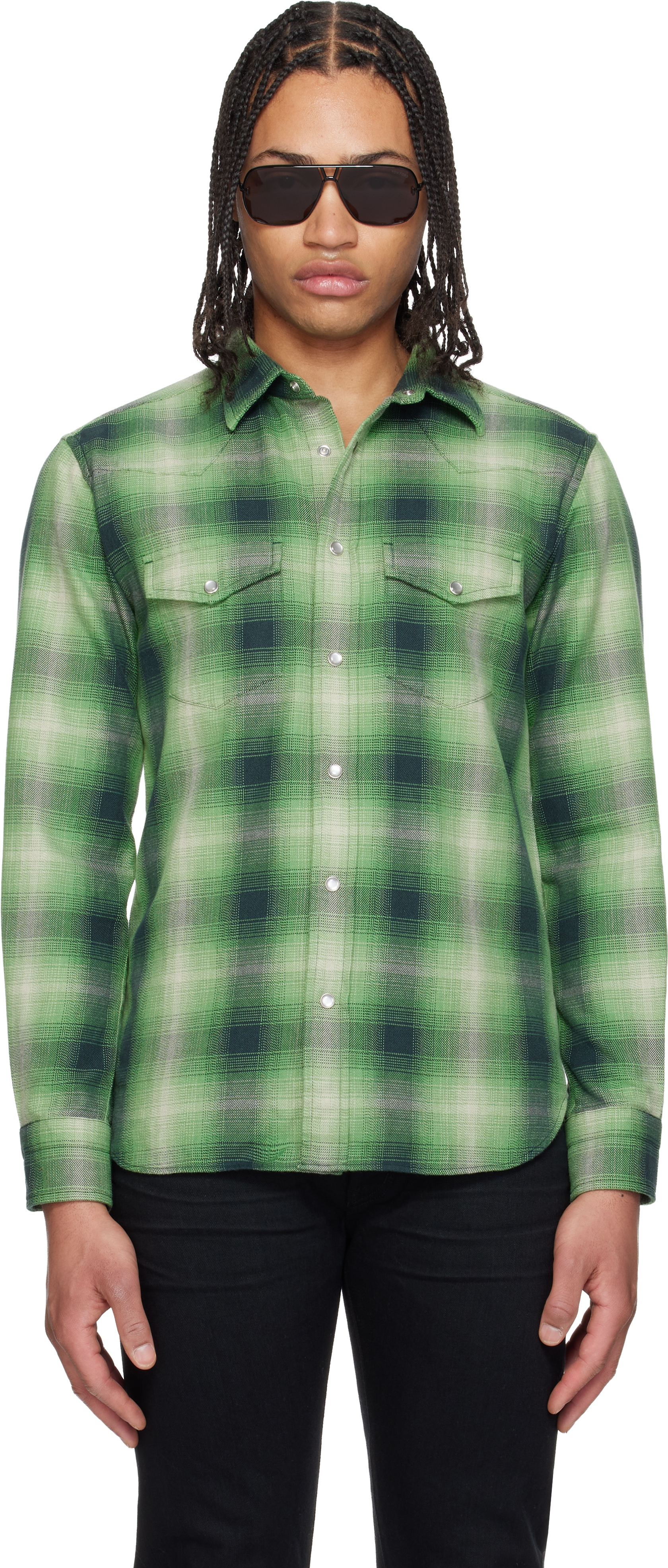 Green Grand Degrade Check Western Shirt by TOM FORD on Sale