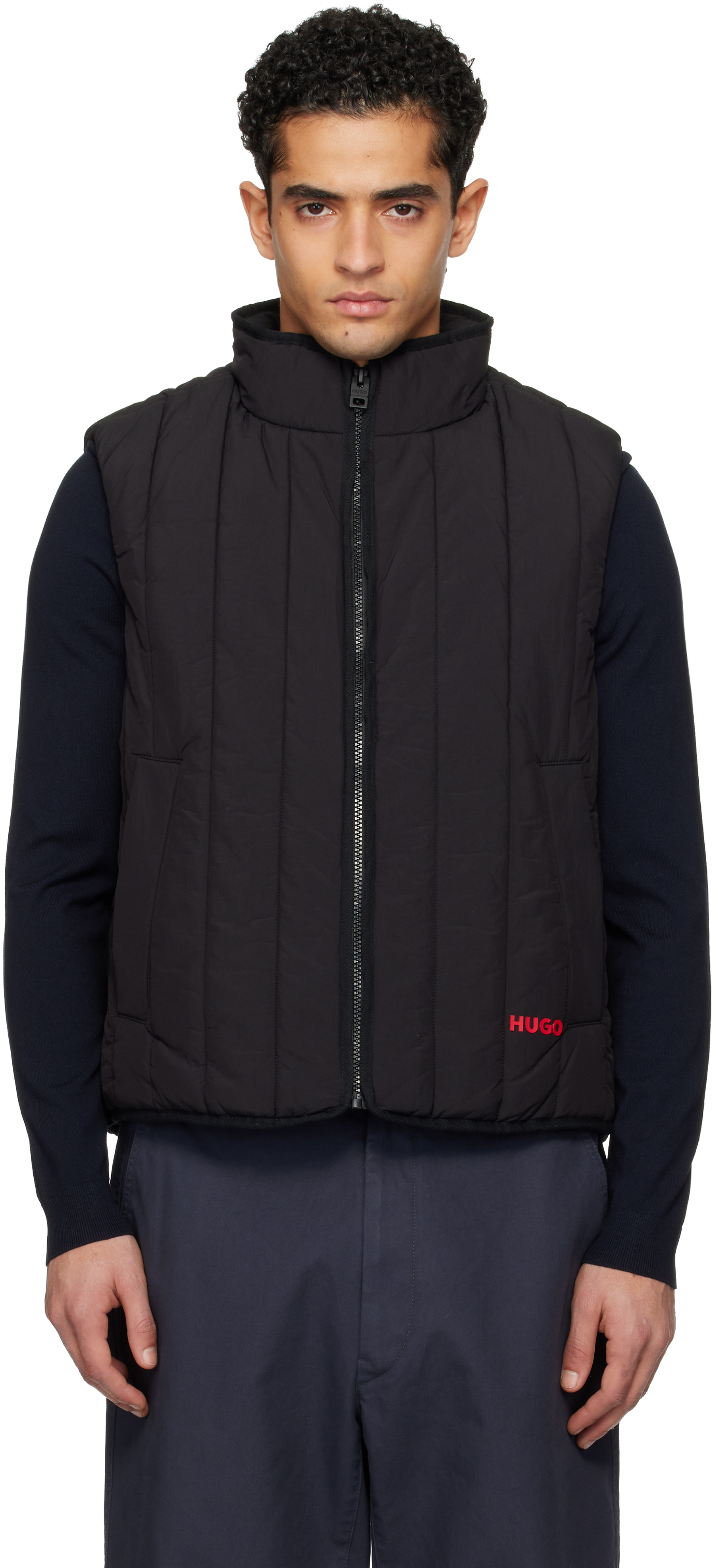 Black Lightweight Vertical Quilting Vest by Hugo on Sale