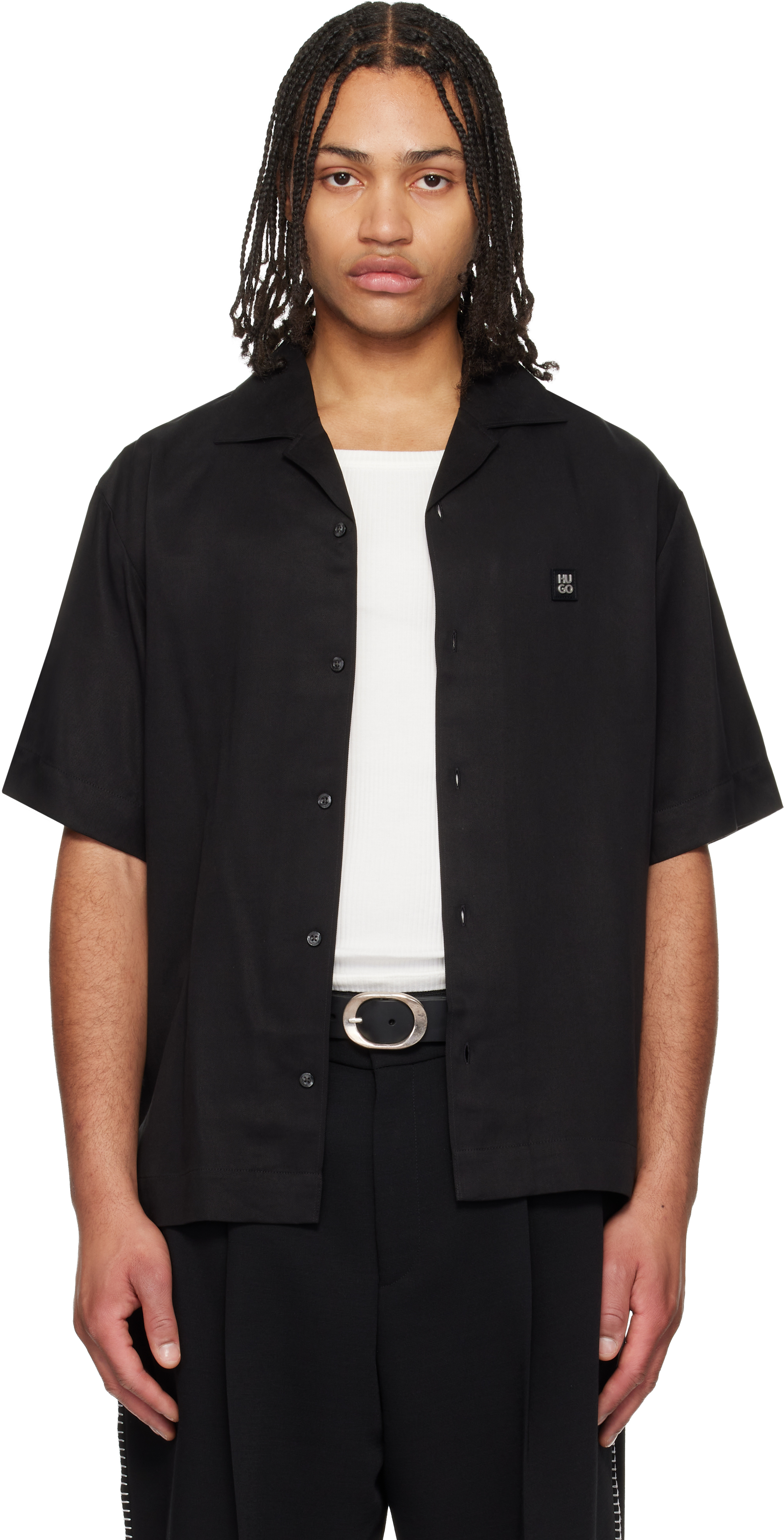 Hugo: Black Oversize-Fit Stacked Logo Shirt | SSENSE