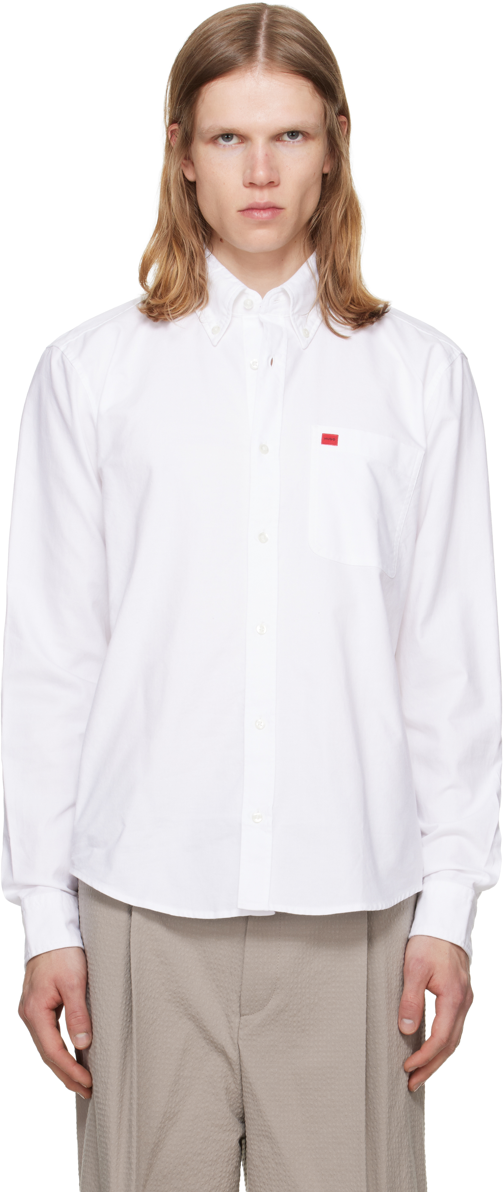 HUGO BOSS - Slim Fit shirt in cotton with red logo Label - White - XLarge