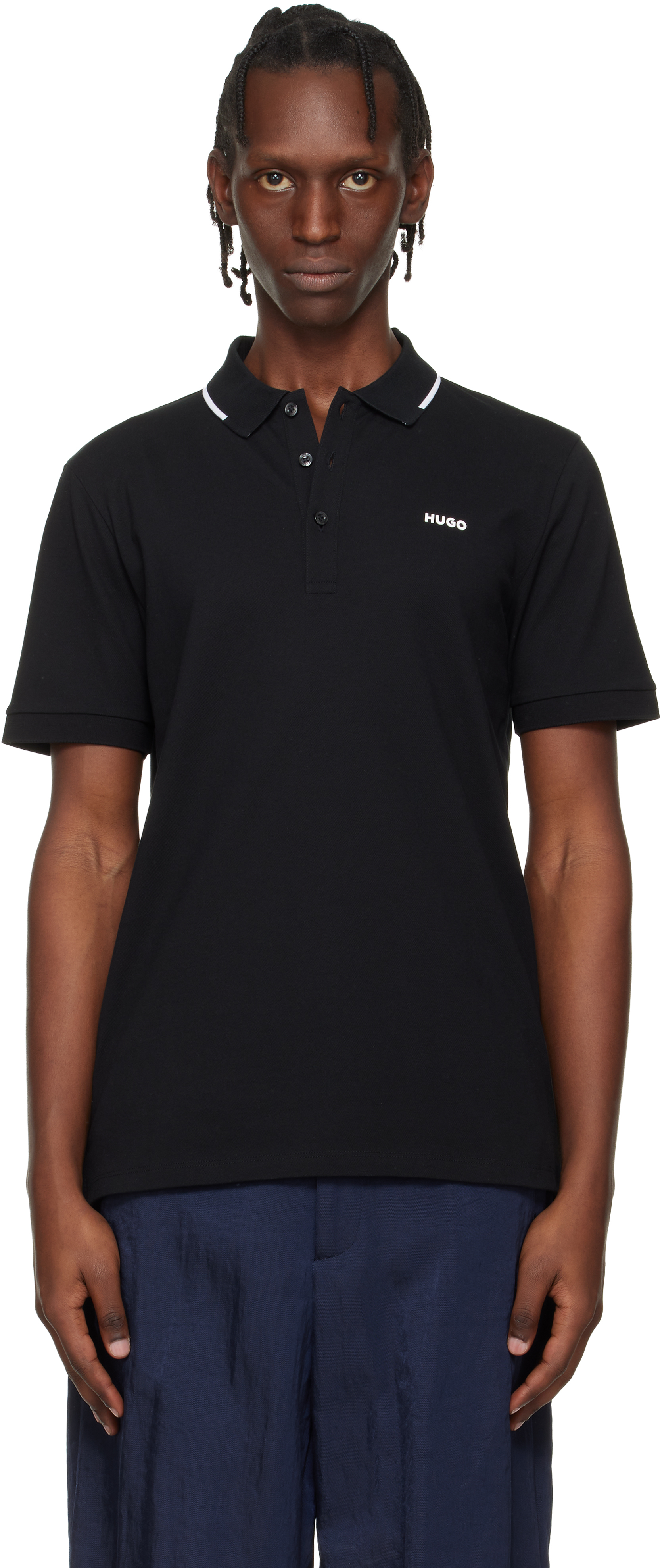Hugo: ブラック ストレッチコットン スリムフィット ロゴ ポロシャツ