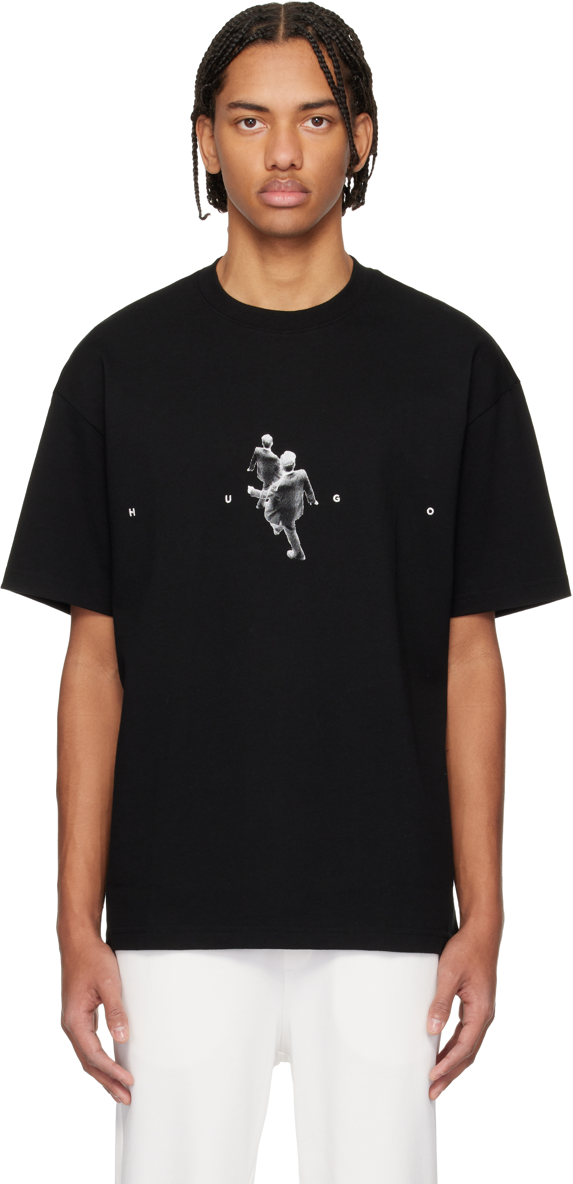 Hugo: ブラック グラフィック アートワーク コットンジャージ Tシャツ