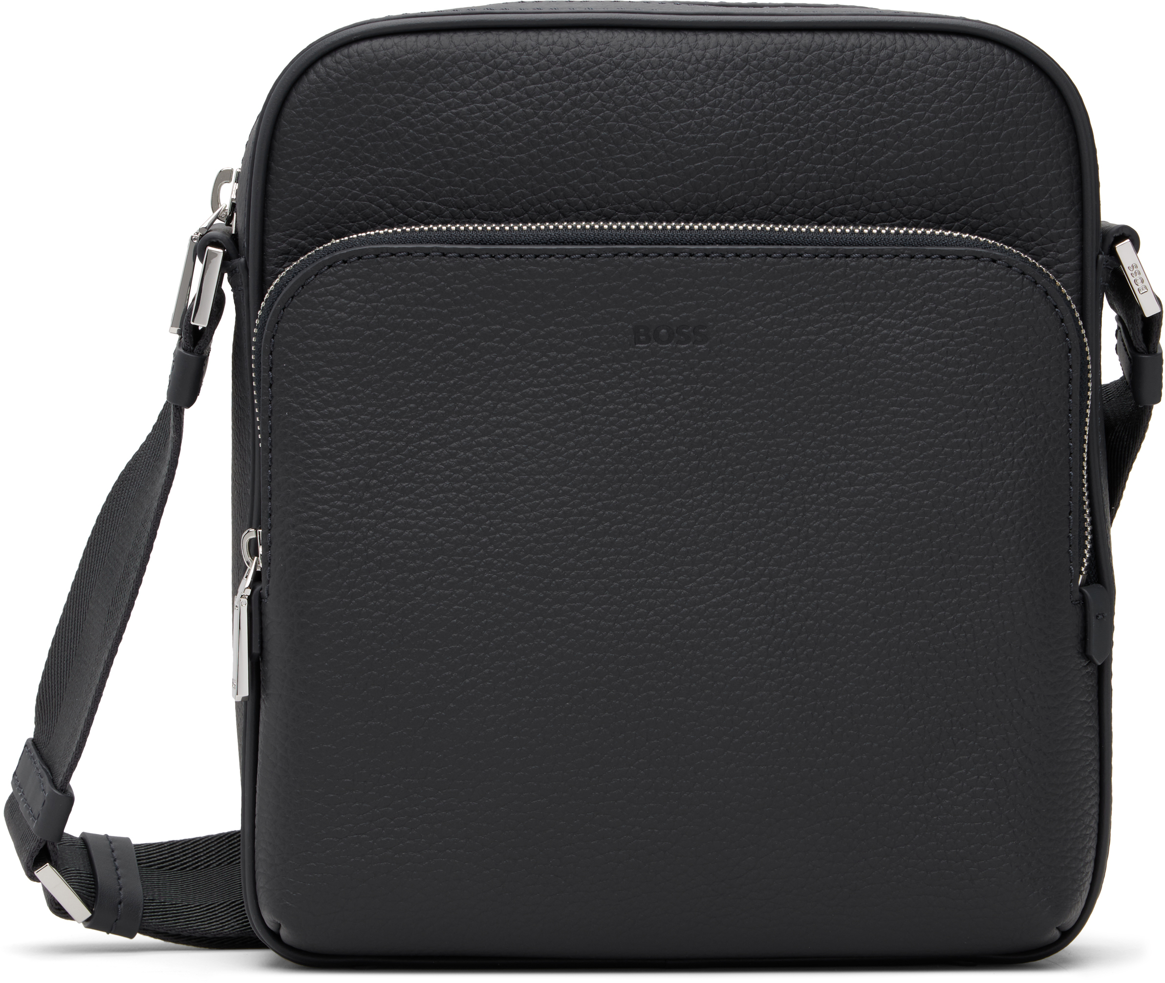 Navy Leather Logo-Embossed Messenger Bag by BOSS on Sale