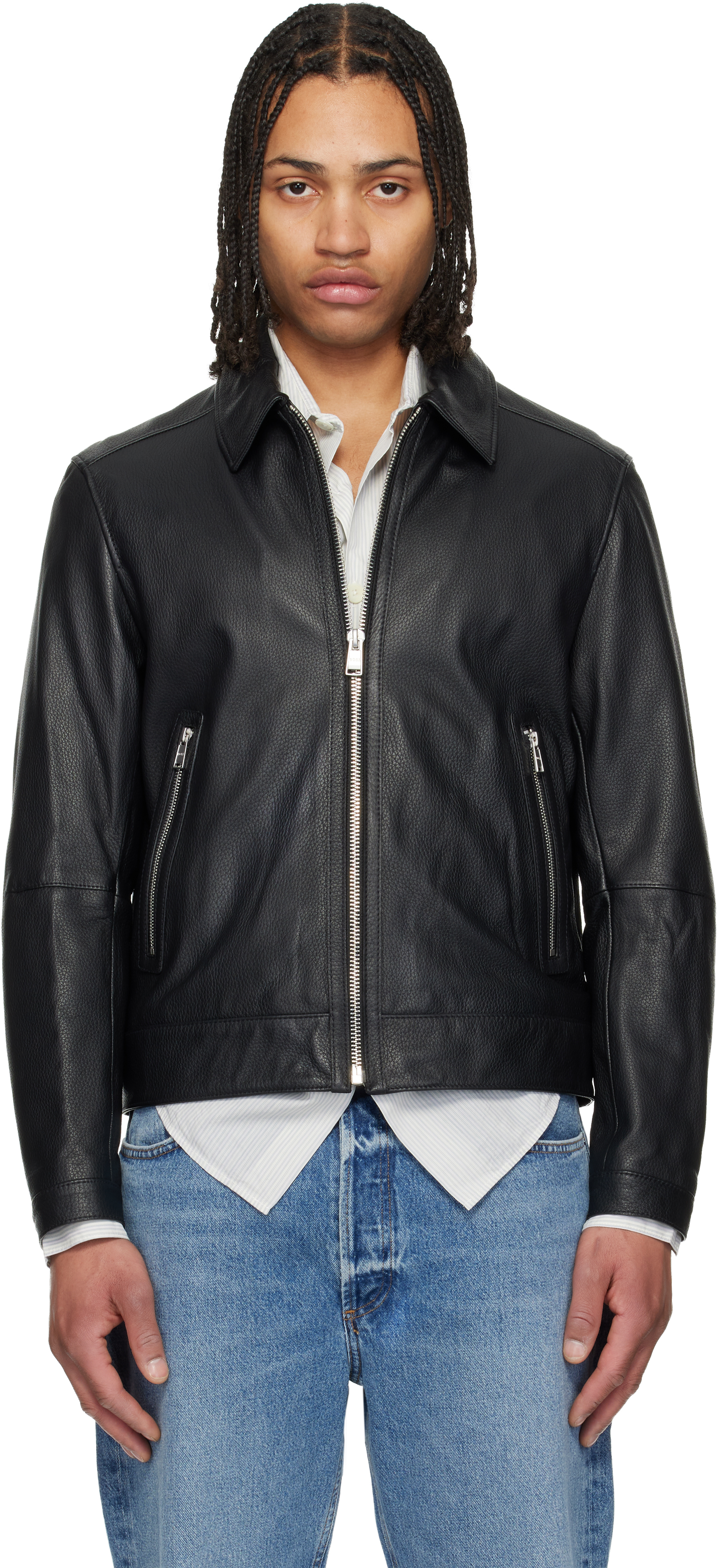 BOSS: ブラック レギュラーフィット レザージャケット | SSENSE 日本