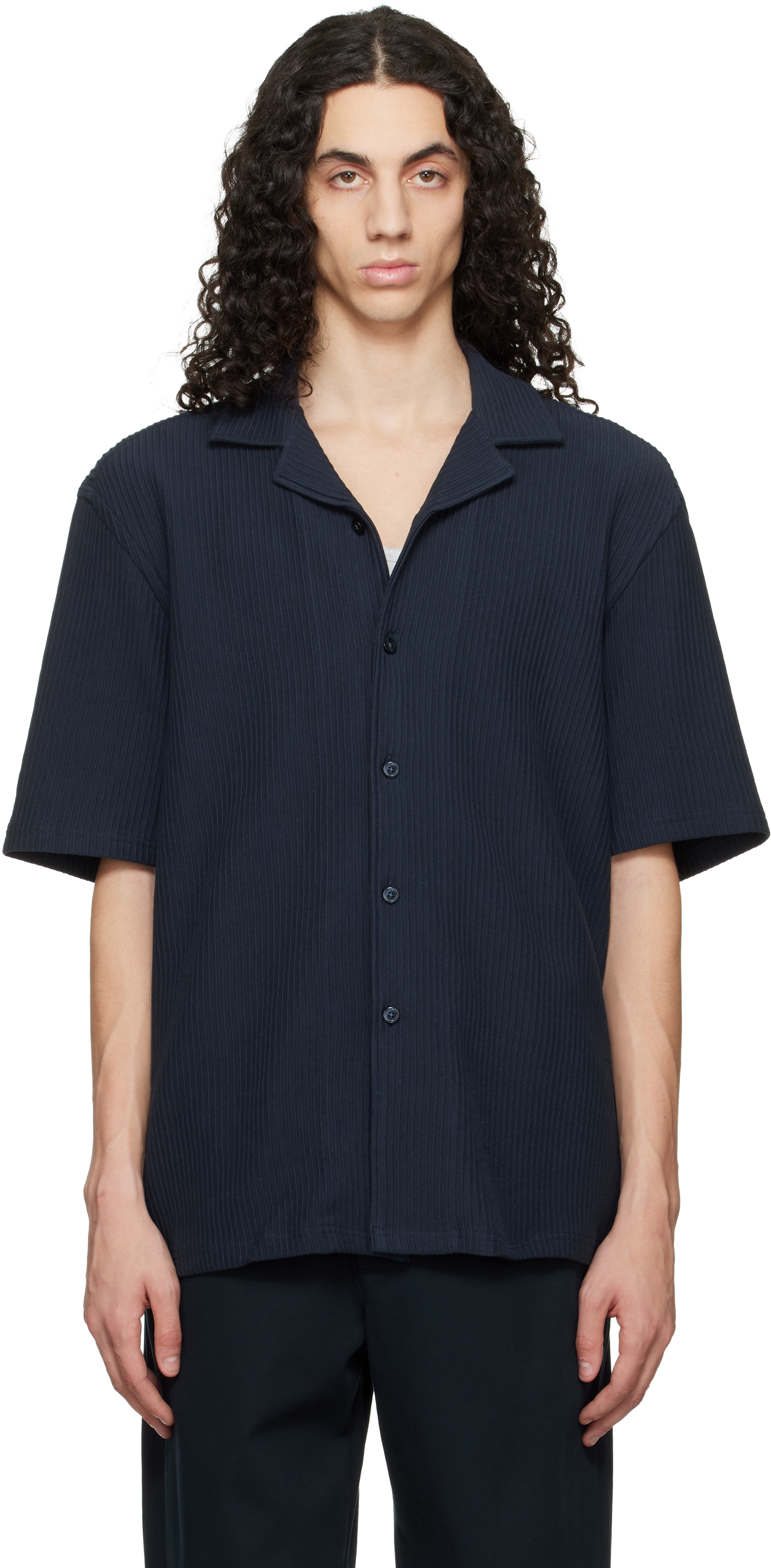 Navy Ribbed Cotton Shirt by BOSS on Sale