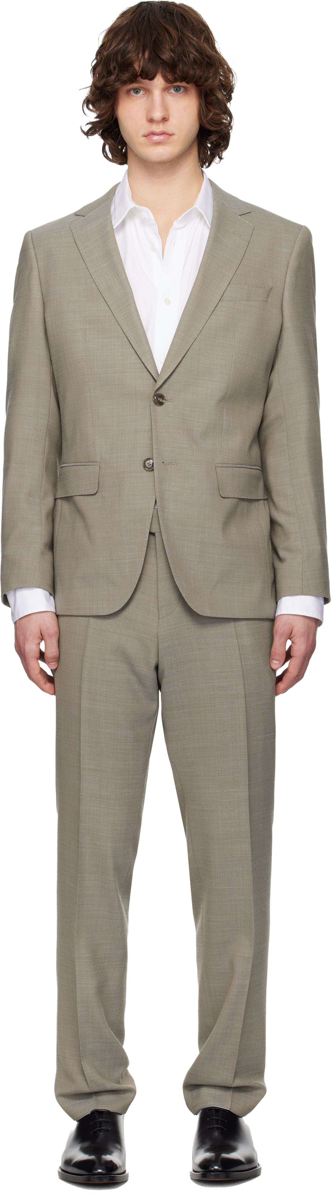 BOSS Beige Micro-Patterned Slim-Fit Suit
