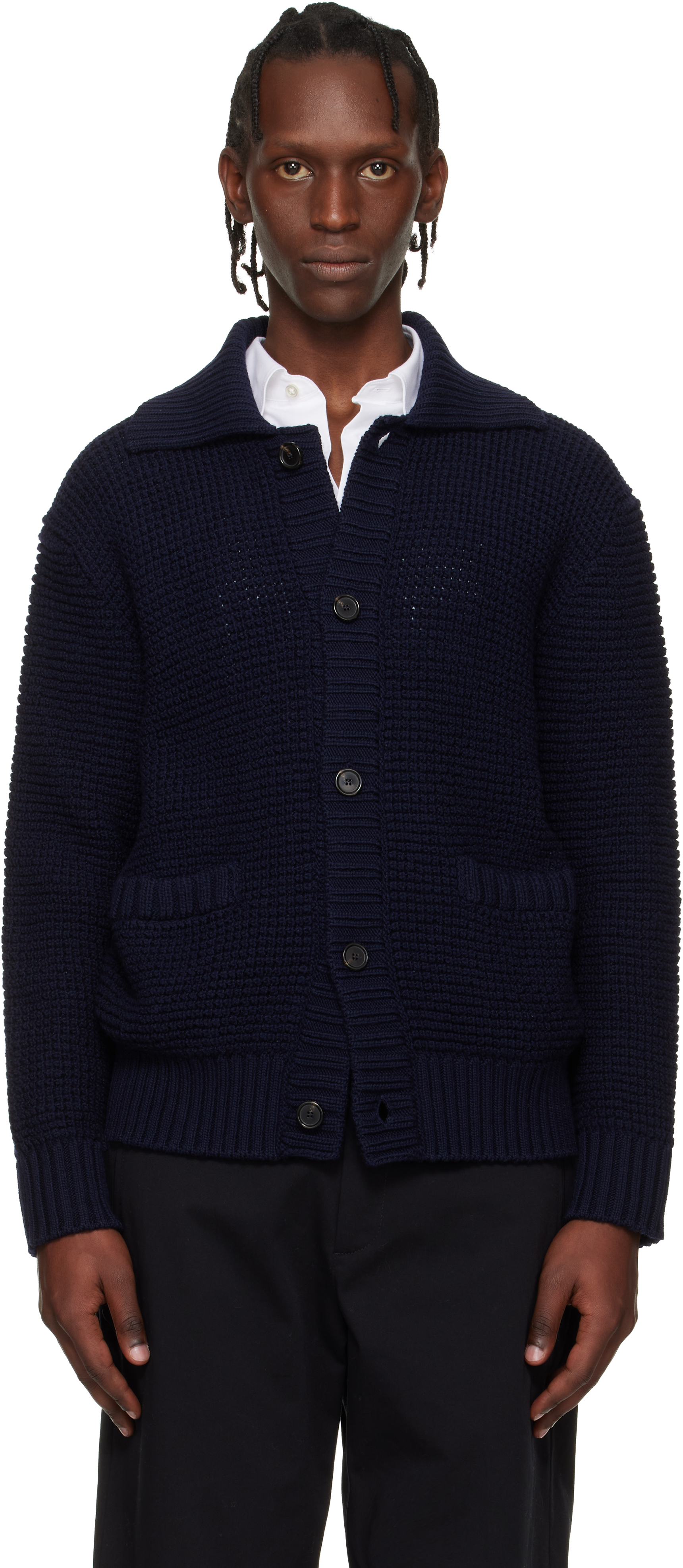 BOSS: ネイビー Spread Collar カーディガン | SSENSE 日本 BOSS: ネイビー Spread Collar カーディガン | SSENSE 日本