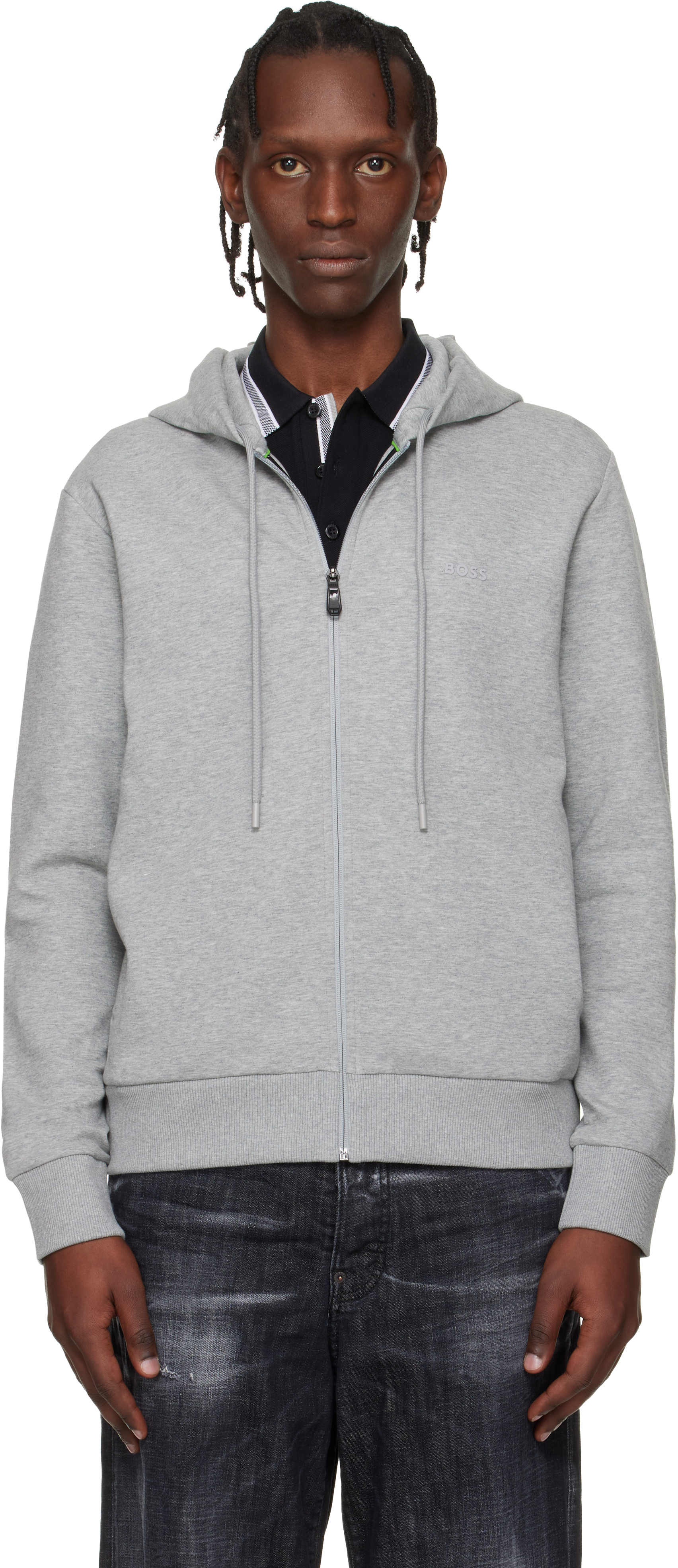 BOSS: グレー ストレッチコットン ロゴ ディテール ジップアップ