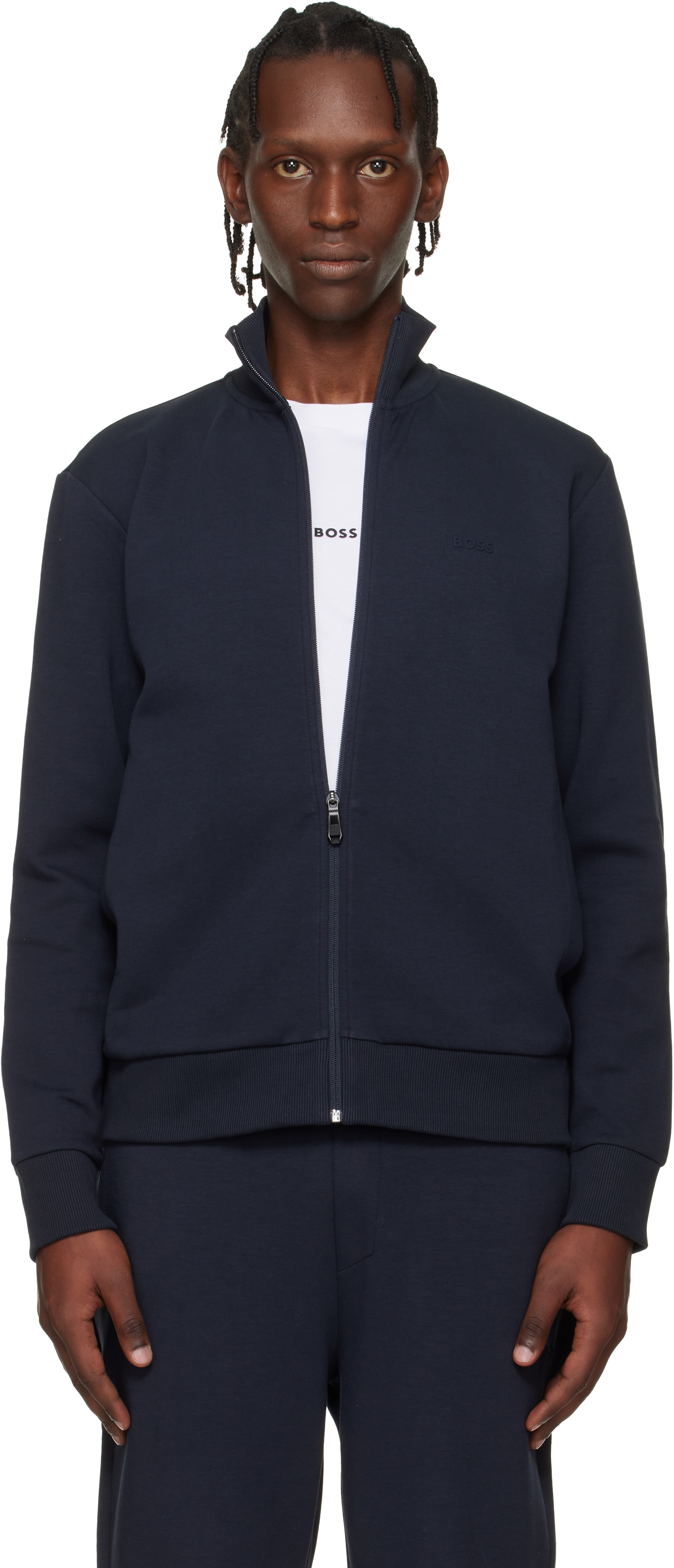 BOSS: ネイビー ジッパー スウェットシャツ | SSENSE 日本