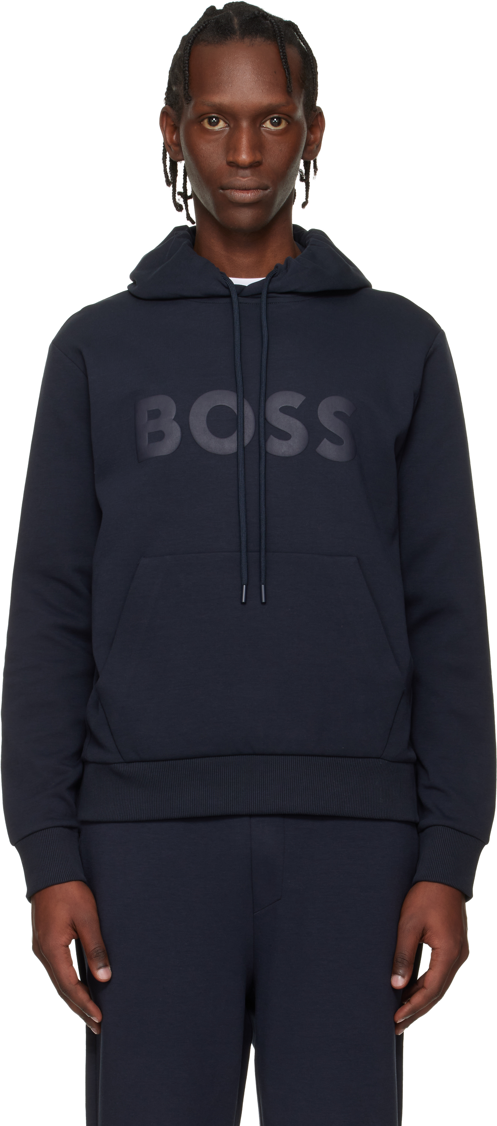 BOSS: ネイビー ロゴプリント フーディ | SSENSE 日本