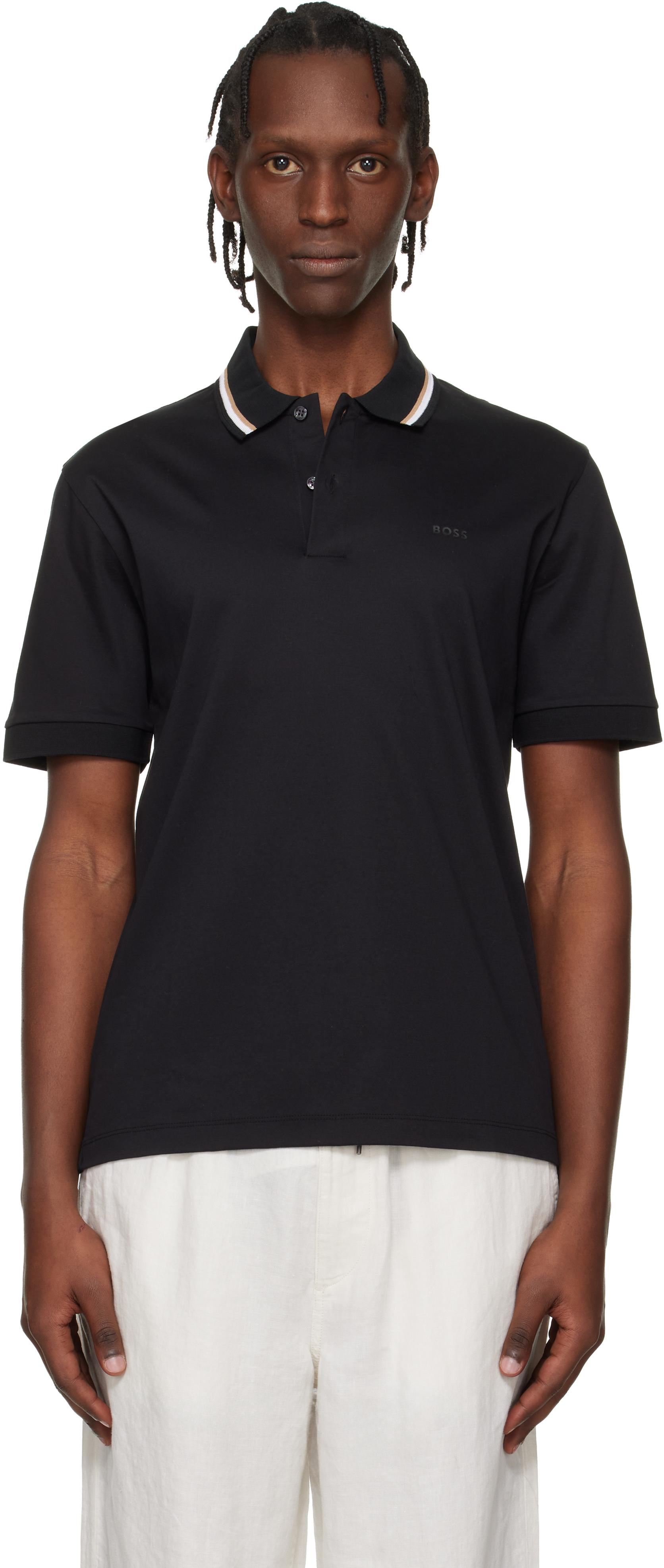 BOSS: ブラック Striped-Collar コットン ロゴ スリムフィット