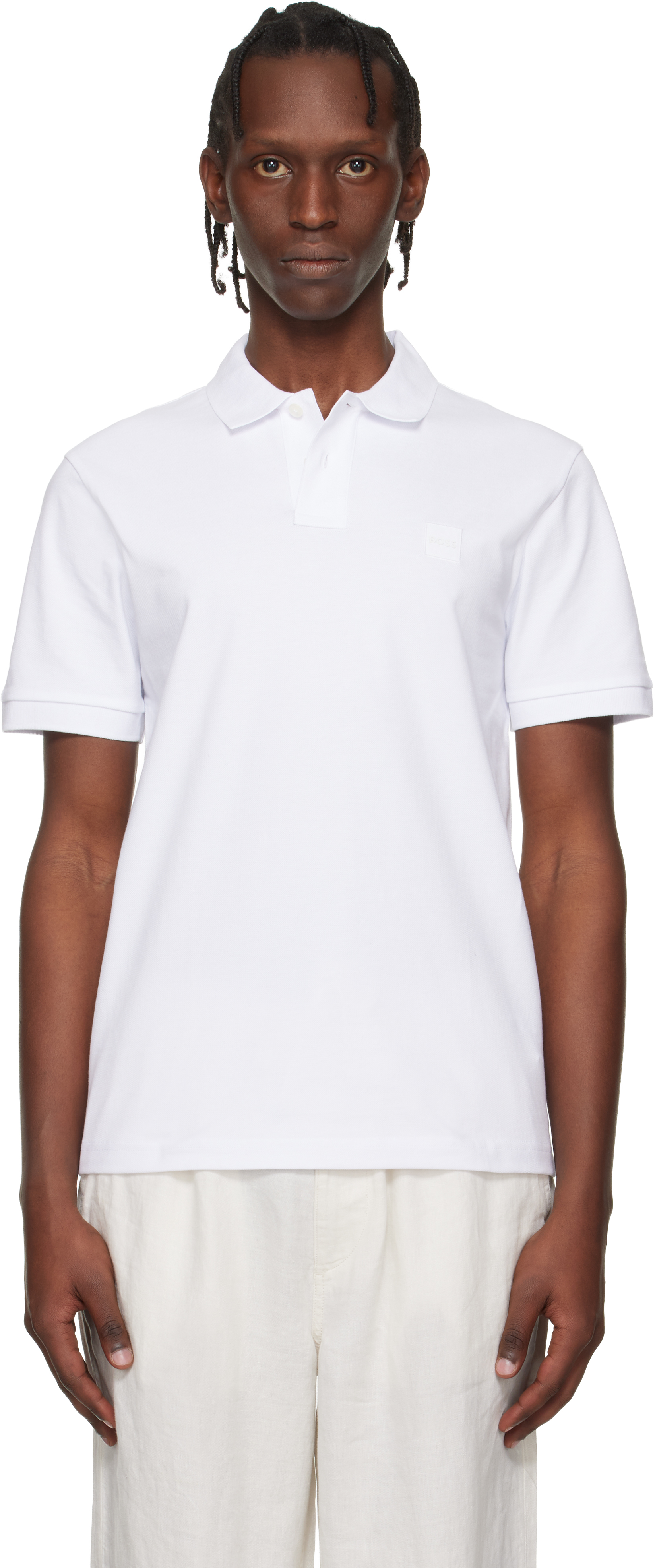 BOSS: ホワイト ストレッチコットン スリムフィット ポロシャツ