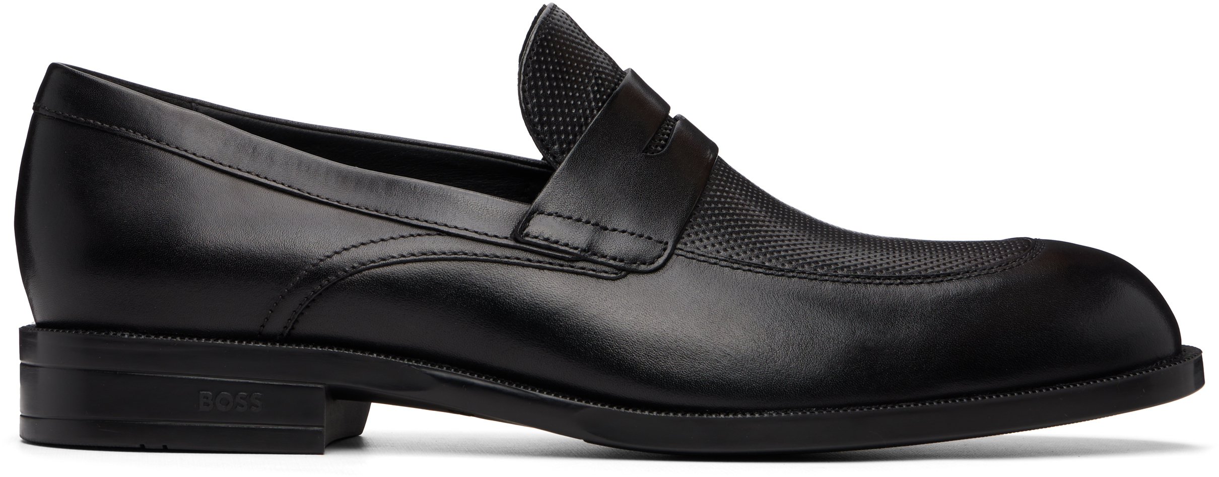 Black Penny Trim Leather Loafers by BOSS on Sale
