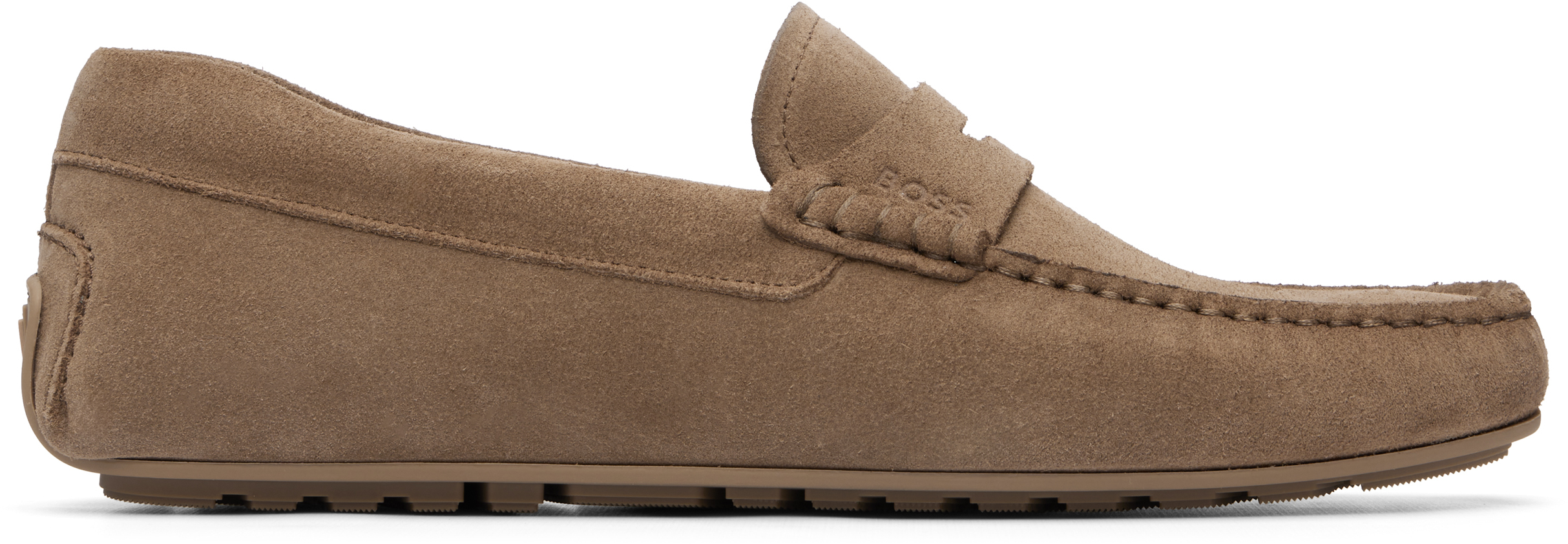 BOSS: Beige Penny Trim Suede Loafers | SSENSE
