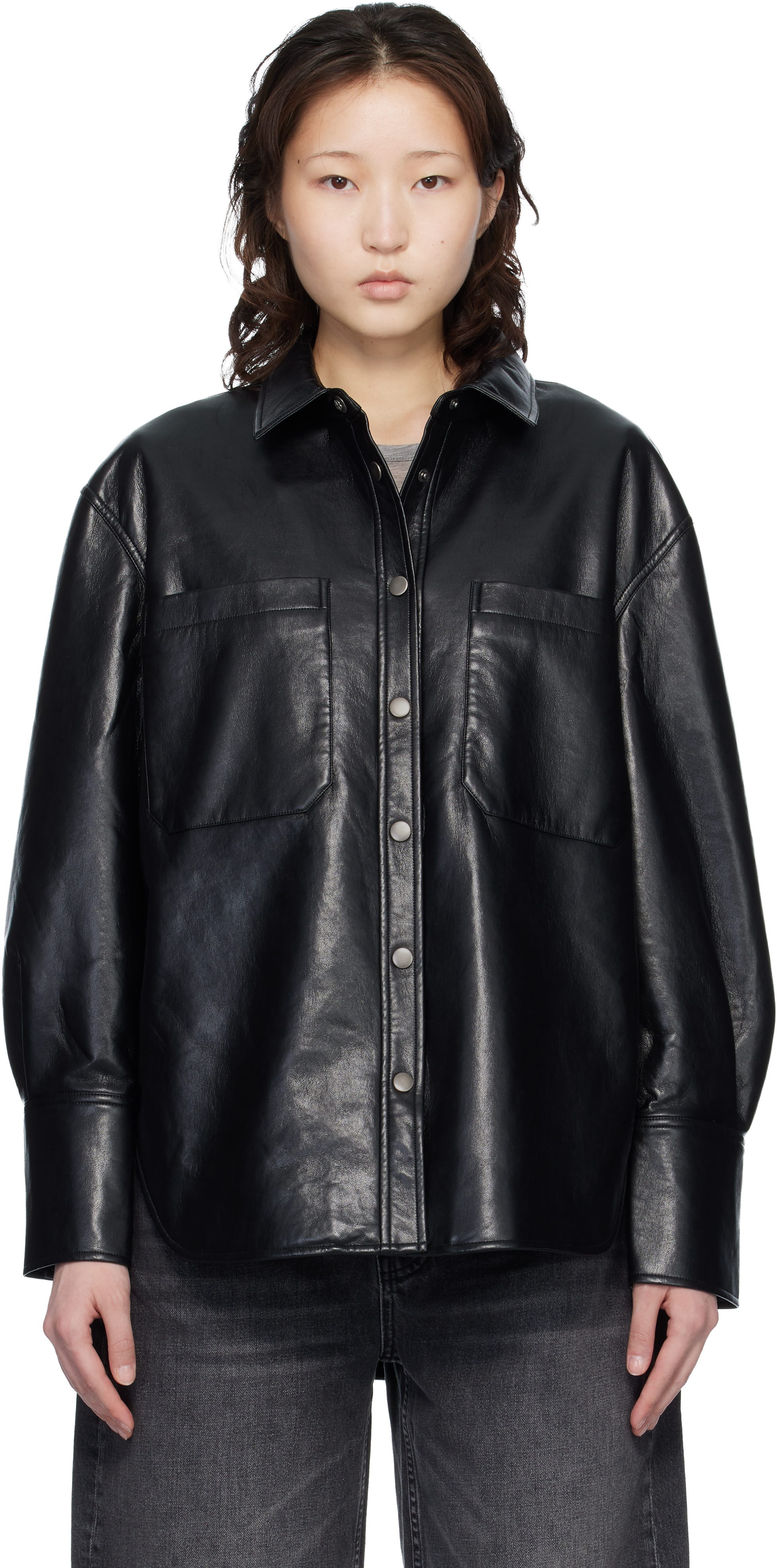 ANINE BING Black Dante Regenerated Leather Shirt
