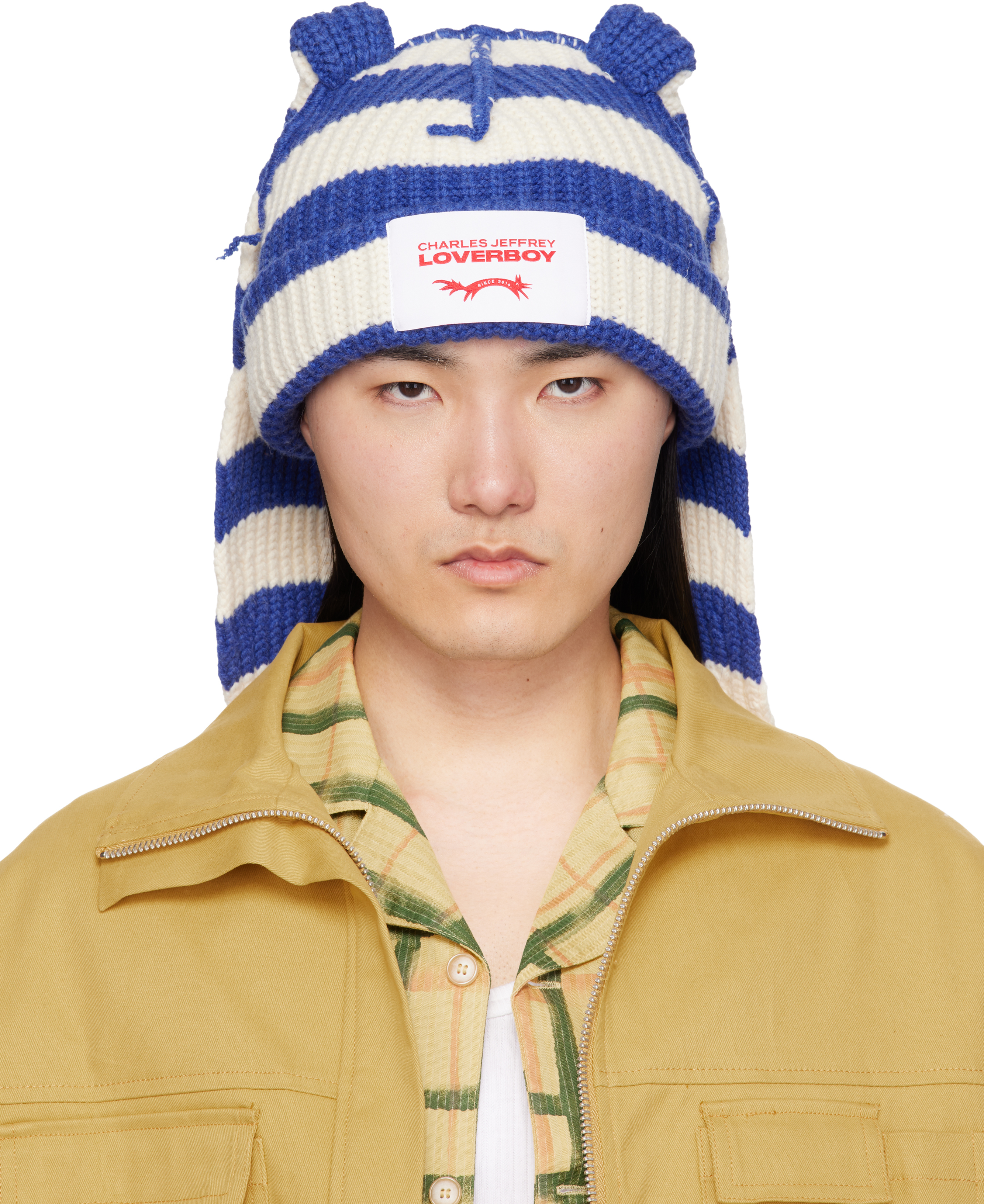 Charles Jeffrey LOVERBOY: Blue & White Chunky Rabbit Beanie | SSENSE