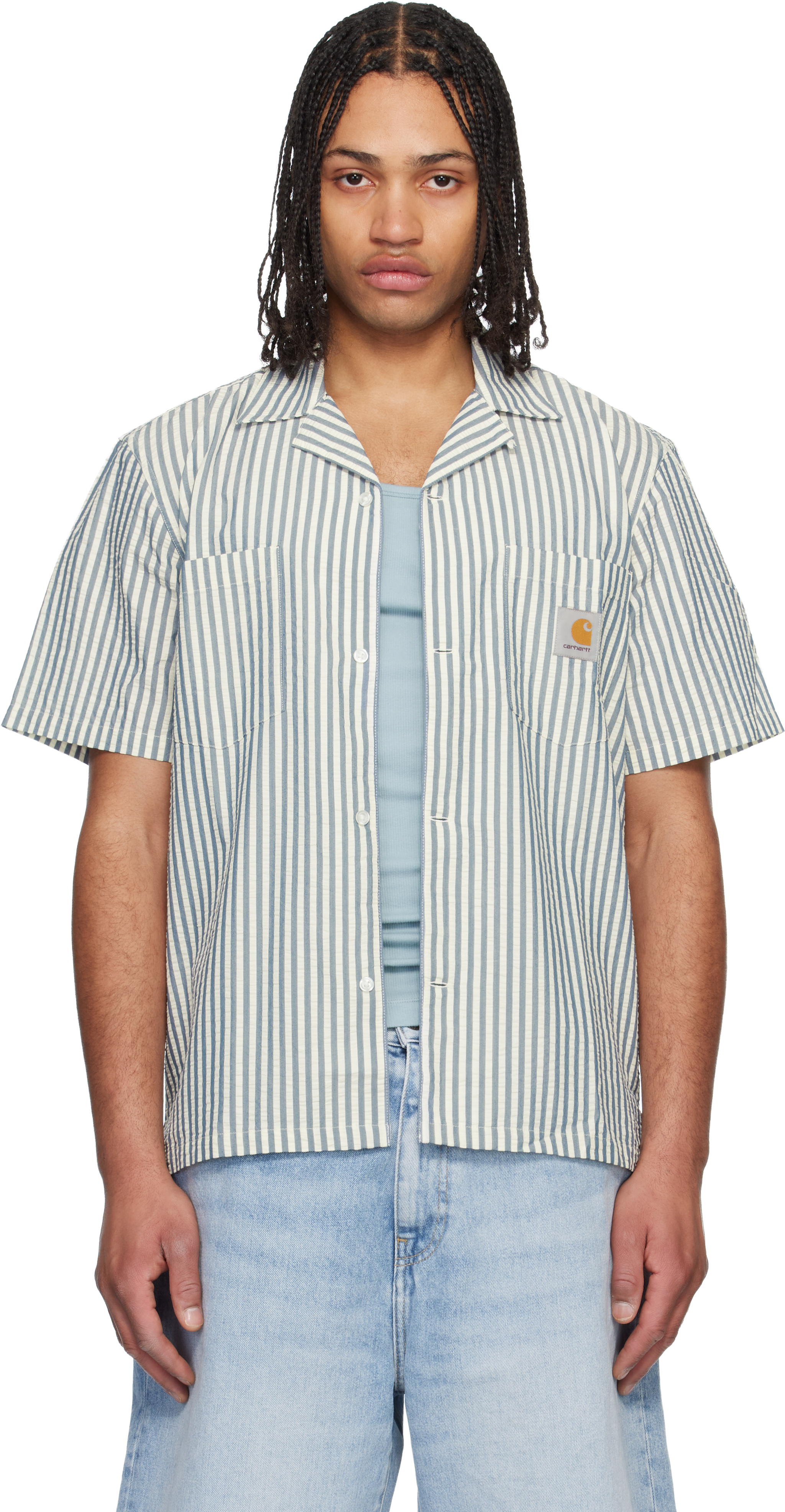 Carhartt Work In Progress: ブルー＆ホワイト Leavel ストライプ 半袖