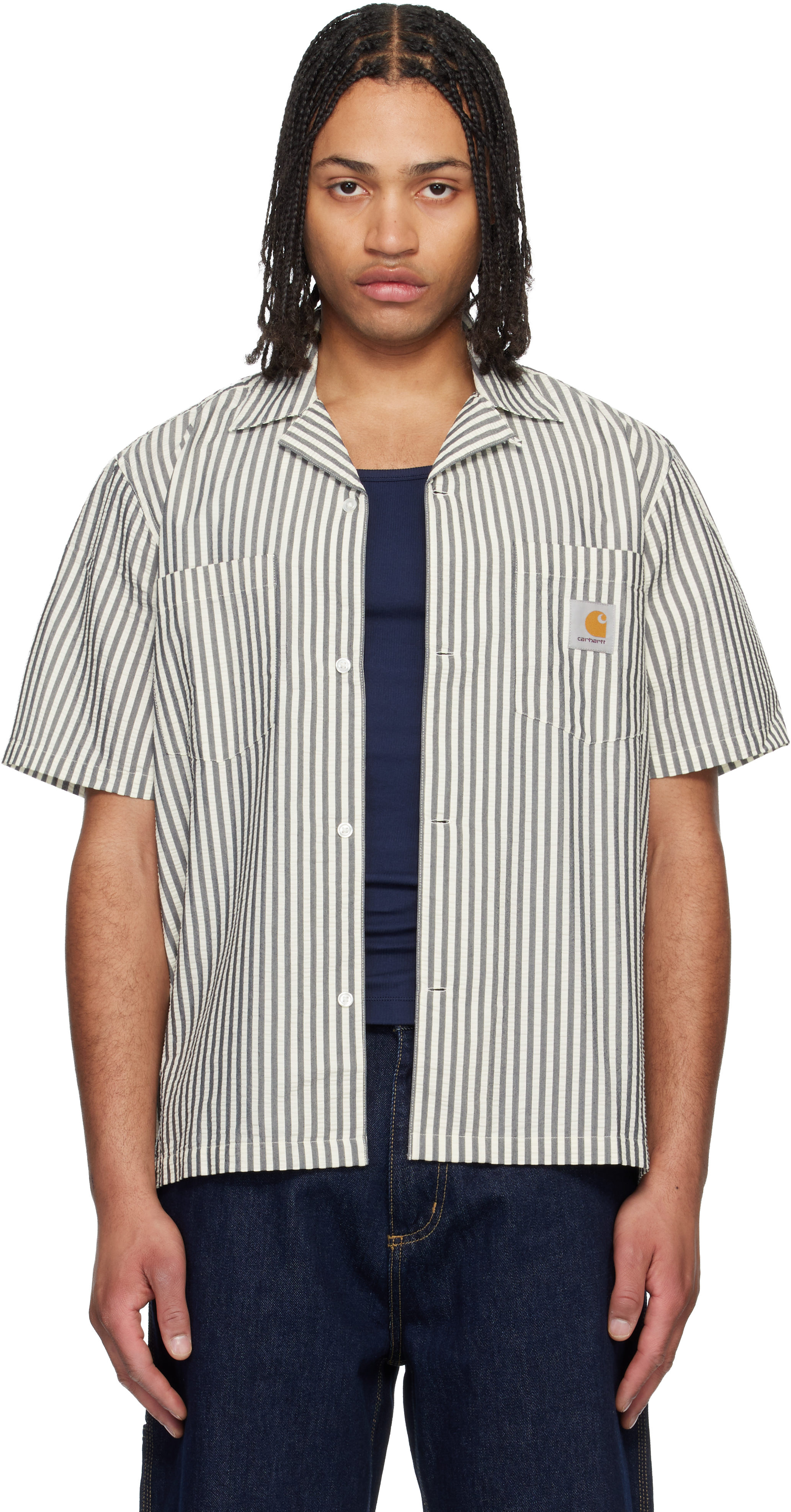 Carhartt WORK IN PROGRESS ストライカー シャツ L Black & White Short Sleeve Leavel Stripe Shirt by Carhartt Work In