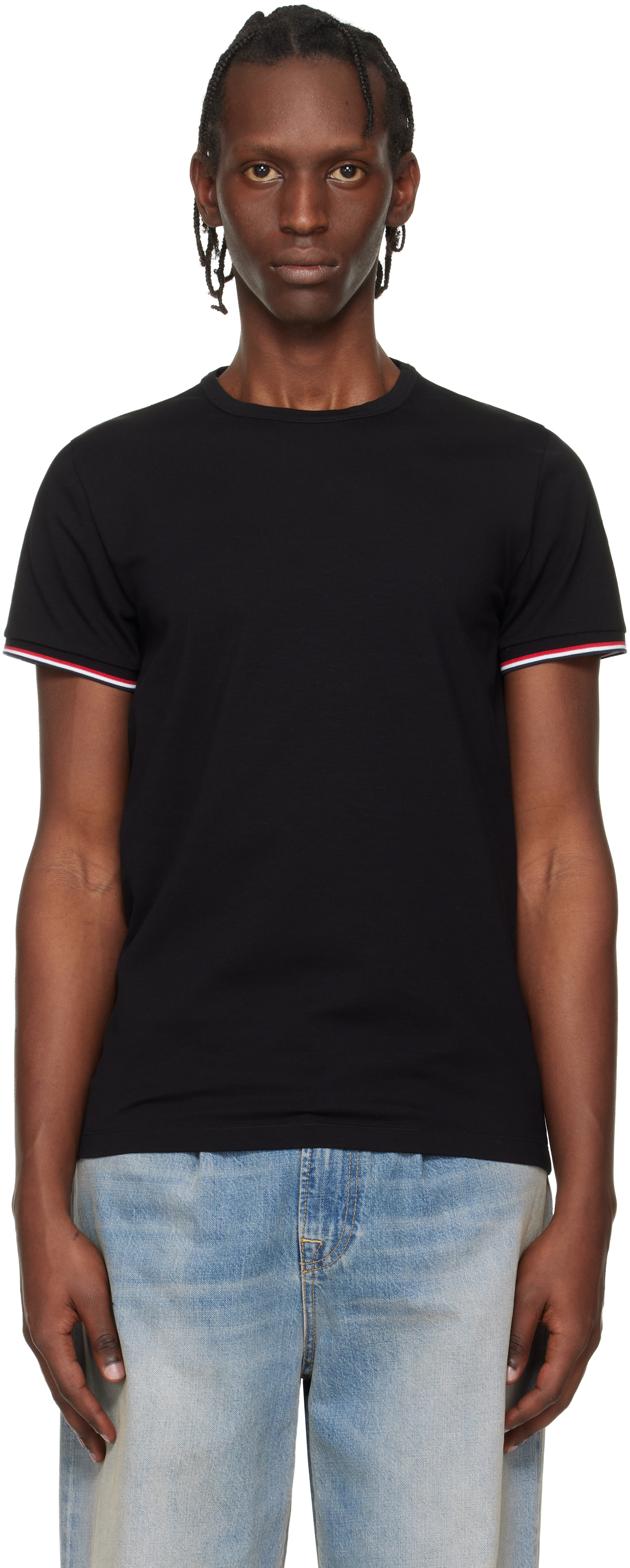 Moncler: ブラック Tricolor-Trimmed コットン Tシャツ | SSENSE 日本
