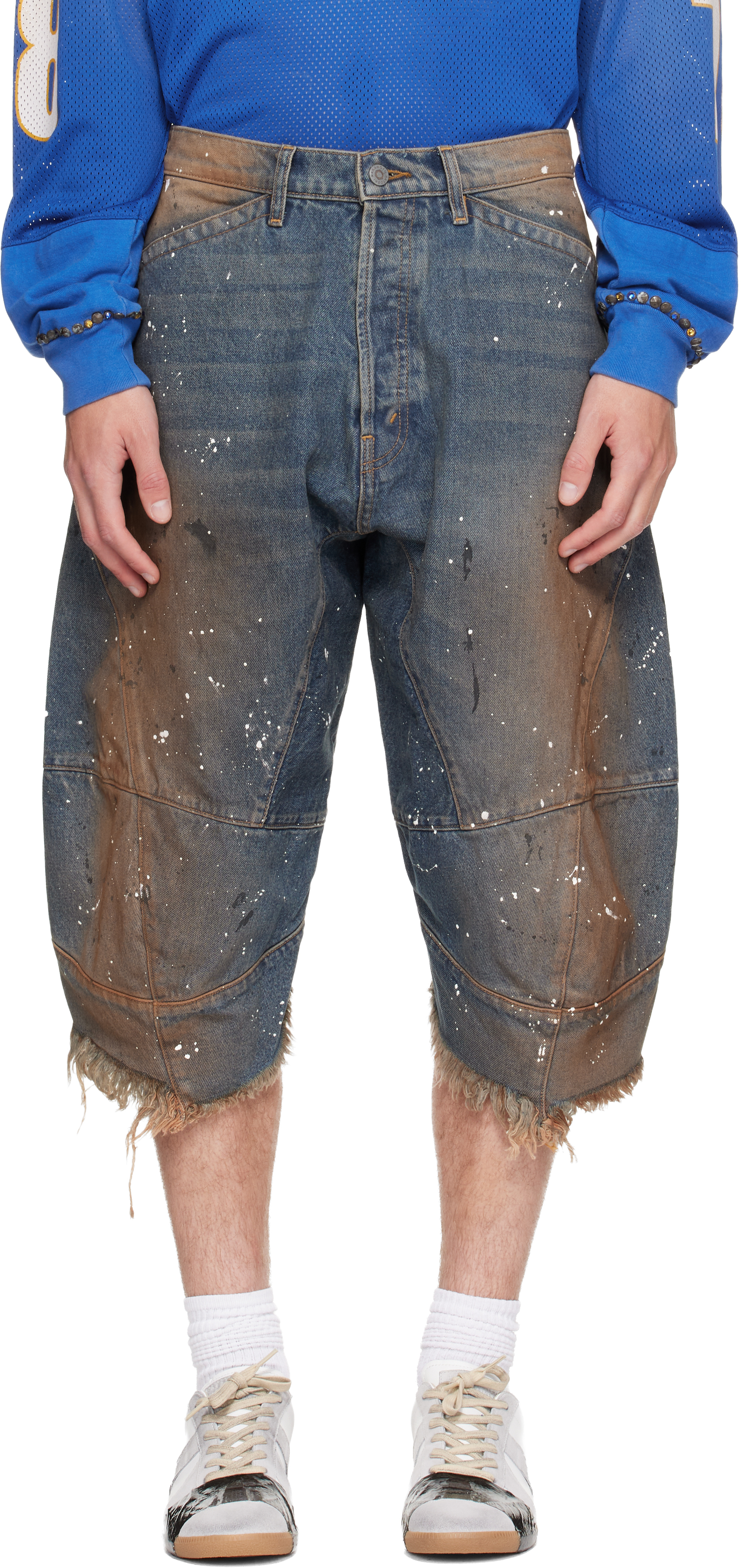Blue Acid Rain Denim Shorts by Satoshi Nakamoto on Sale