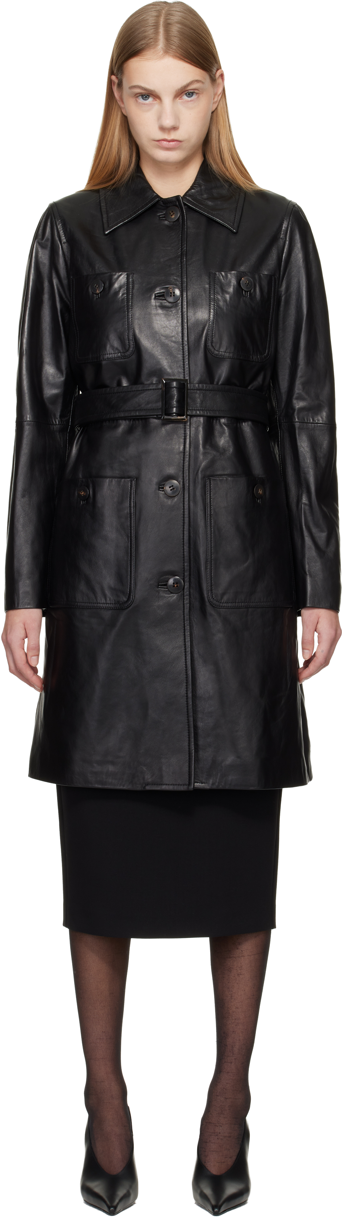 Max Mara Black Mstamaca Leather Trench Coat