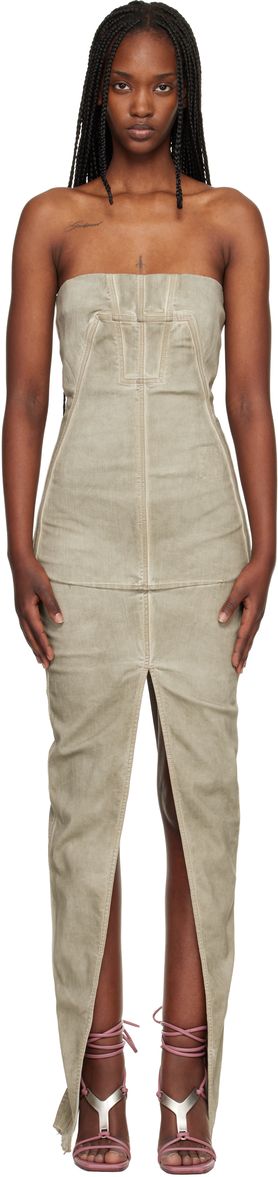 Rick Owens DRKSHDW: Taupe Temple Sliced Bustier Denim Maxi Dress | SSENSE