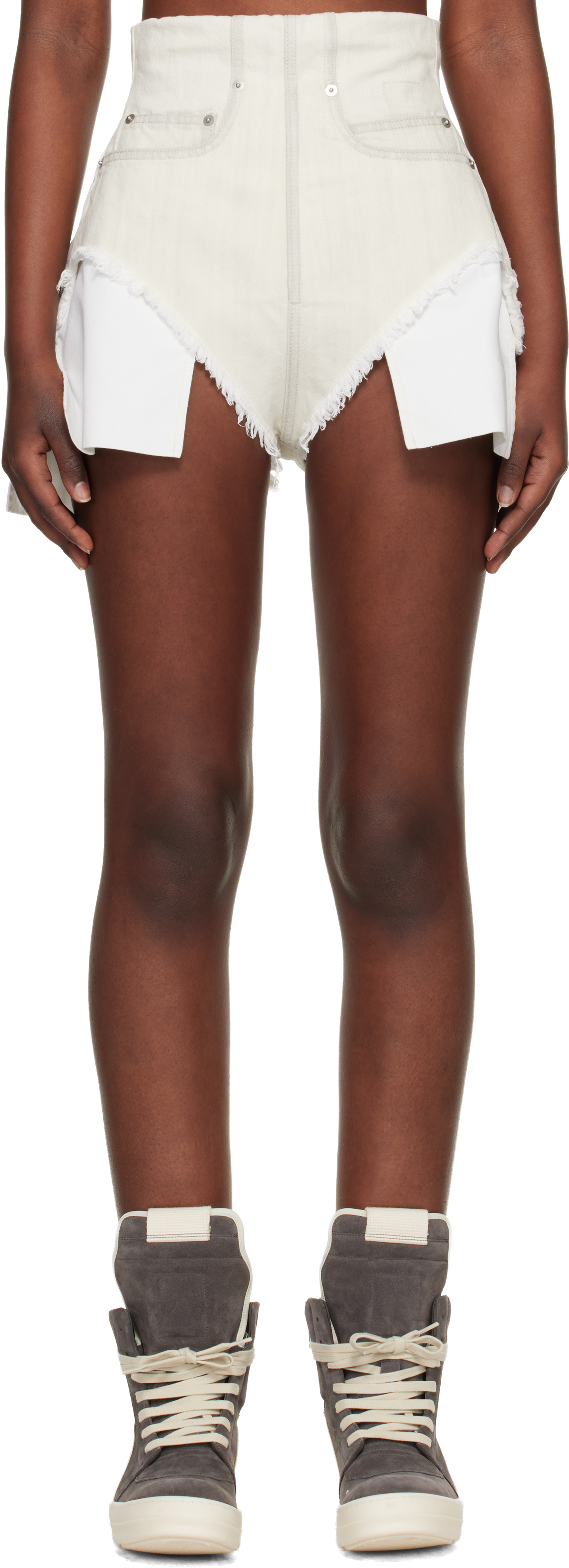 Rick Owens DRKSHDW: Off-White Temple Dirt Cutoff Denim Shorts | SSENSE