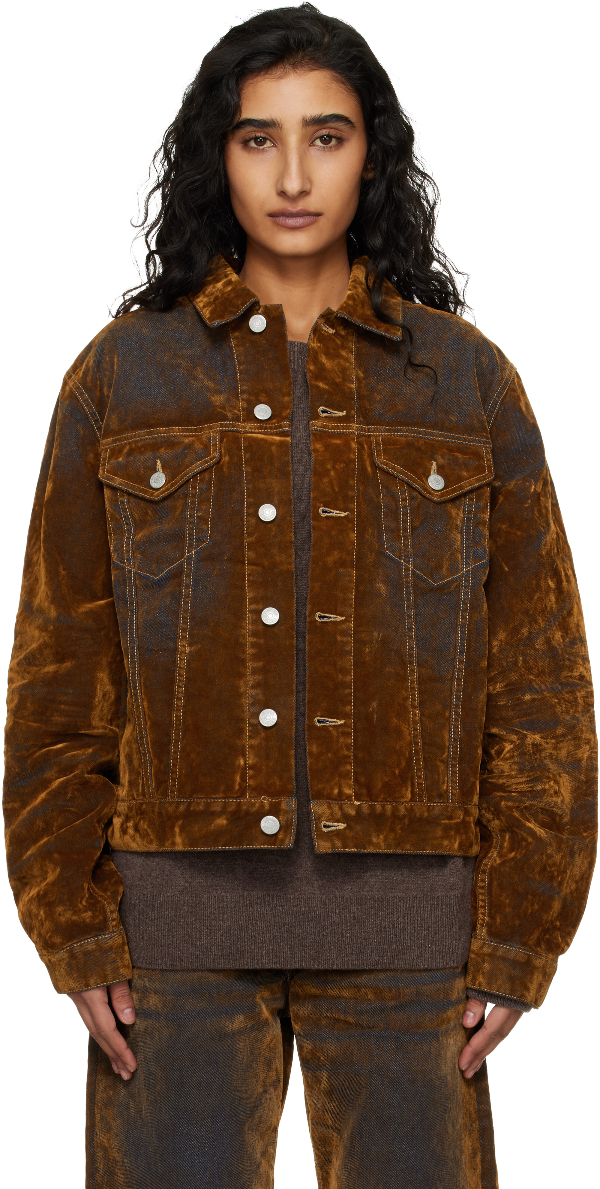 Acne Studios: Brown Flocked Denim Jacket | SSENSE