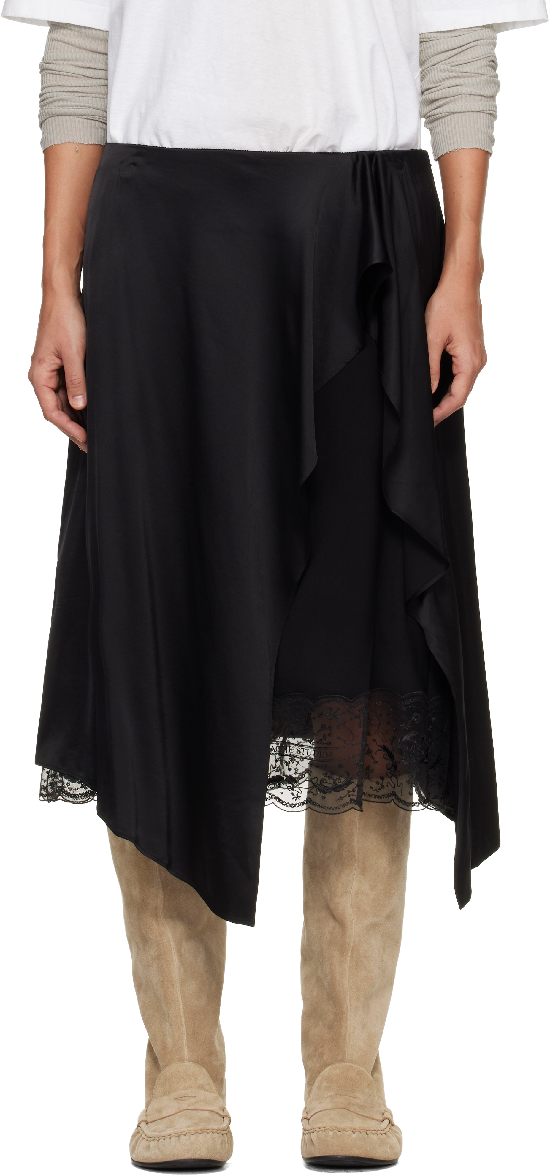 Black Layered Satin Midi Skirt