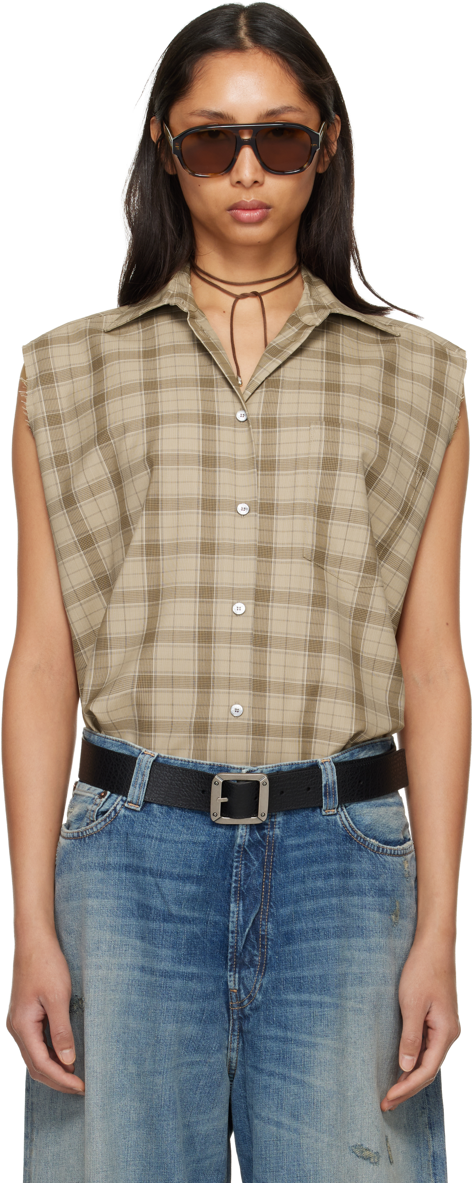 Beige Check Button-Up Vest