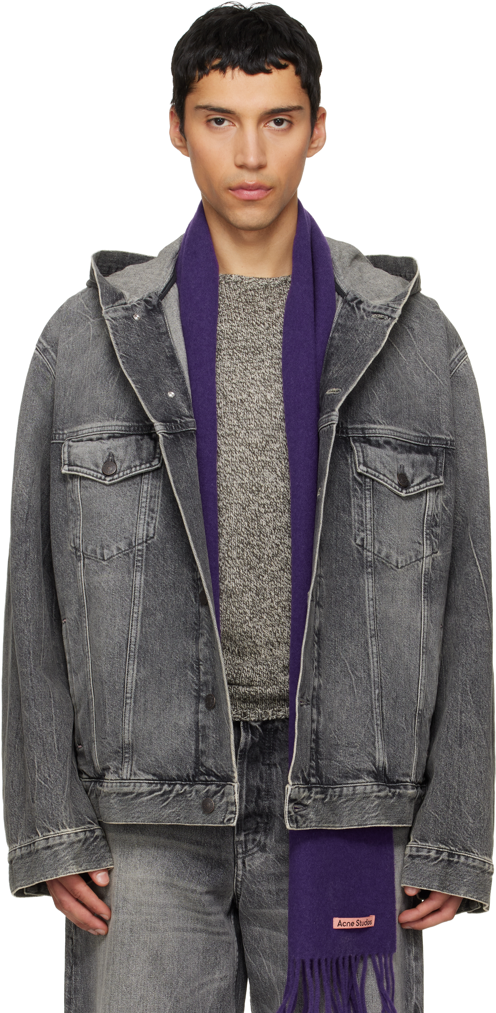 Acne Studios: Gray Hooded Denim Jacket | SSENSE