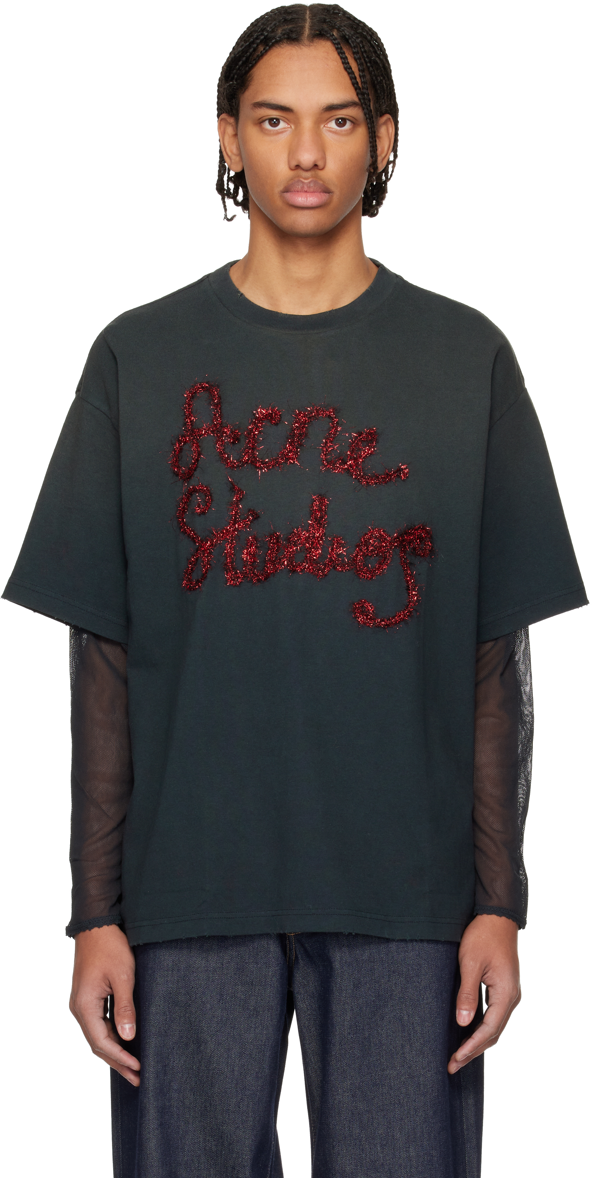 Acne Studios: グレー レイヤード ロゴ Tシャツ | SSENSE 日本