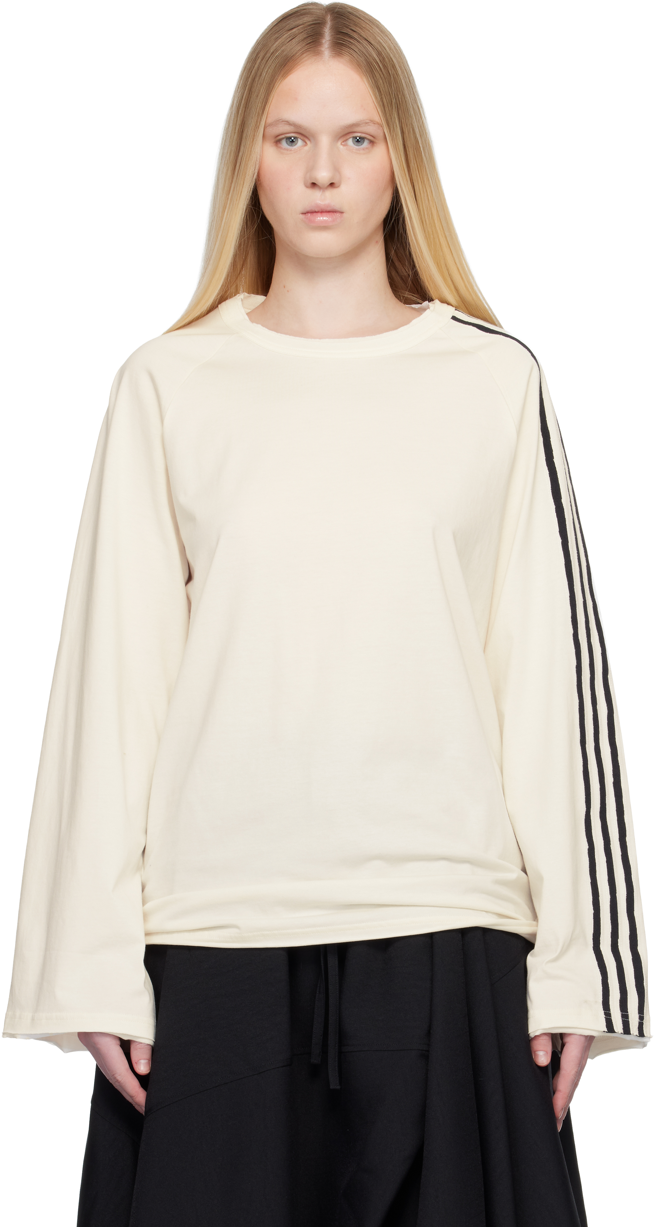 Y-3: Off-White Raw Edge 3 Stripes Long Sleeve T-shirt | SSENSE