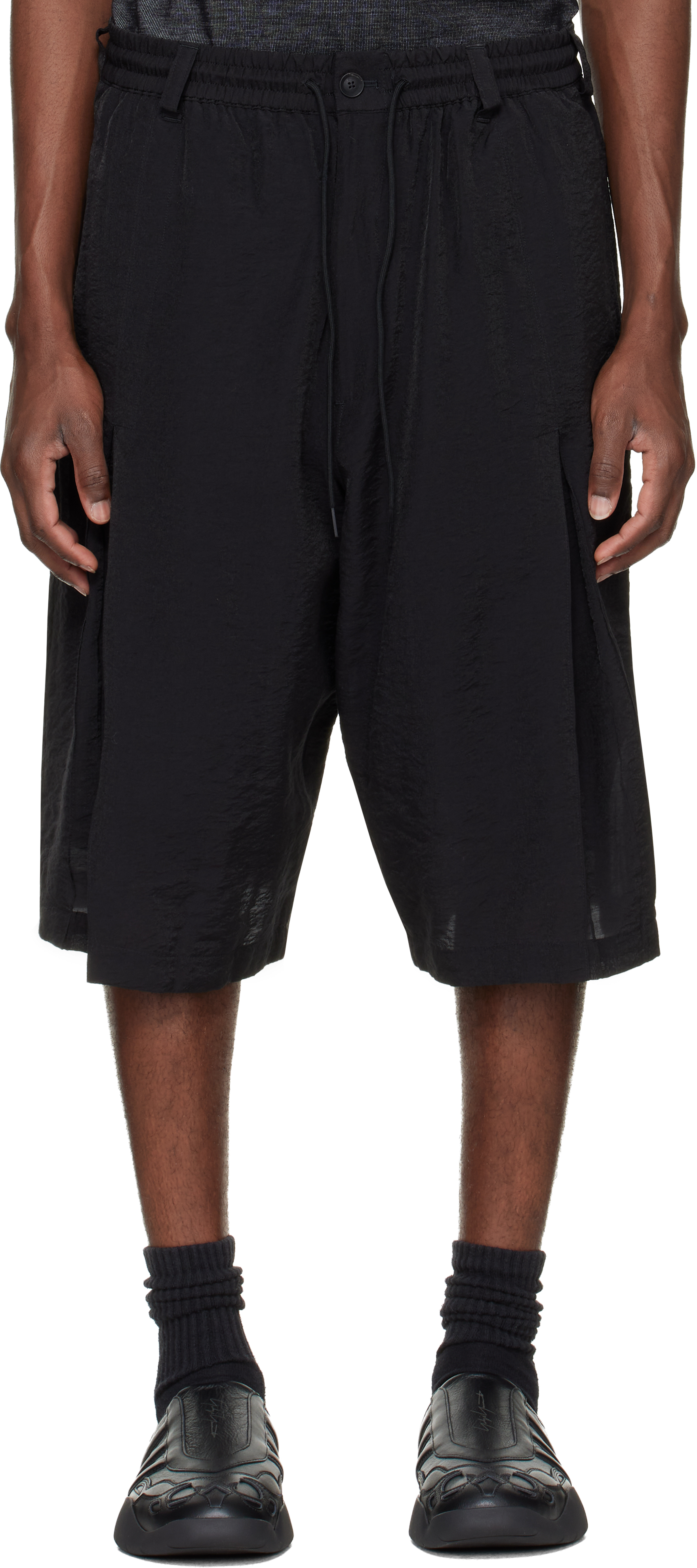 Black Crinkle Pleated Shorts