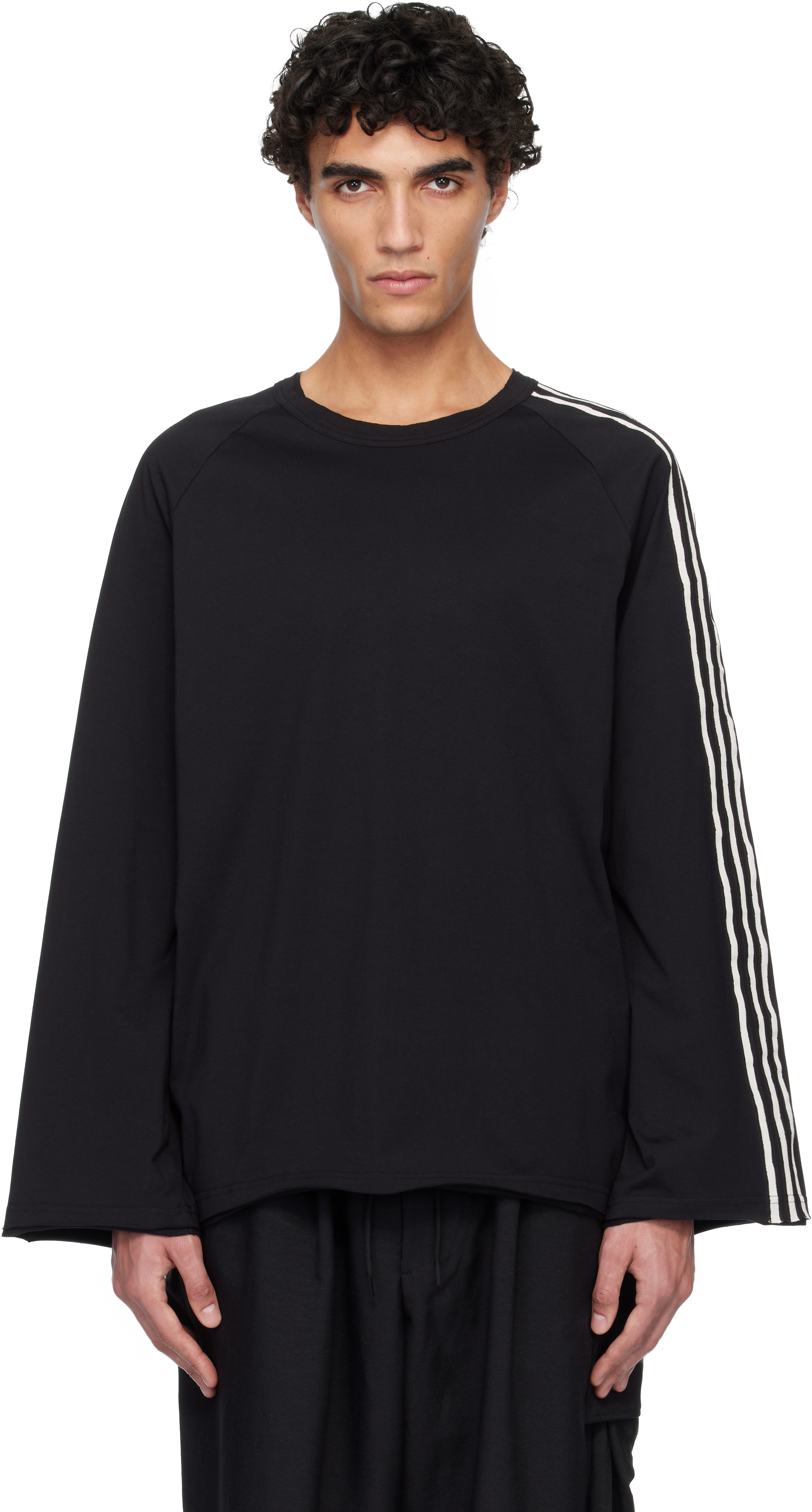 Y-3: Black Raw Edge 3-Stripes Long Sleeve T-shirt | SSENSE