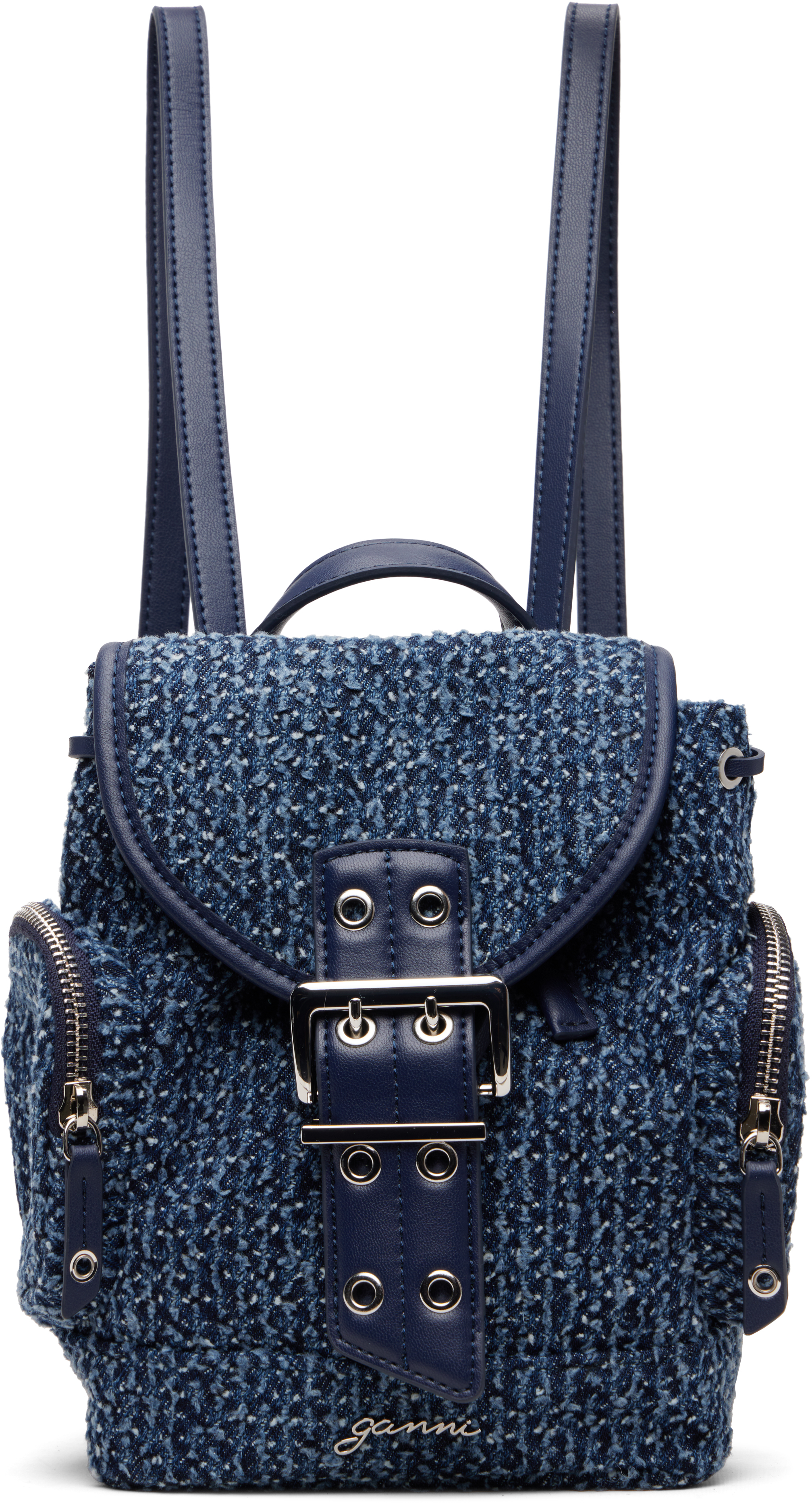 GANNI Blue Bucky Nano Tweed Denim Backpack