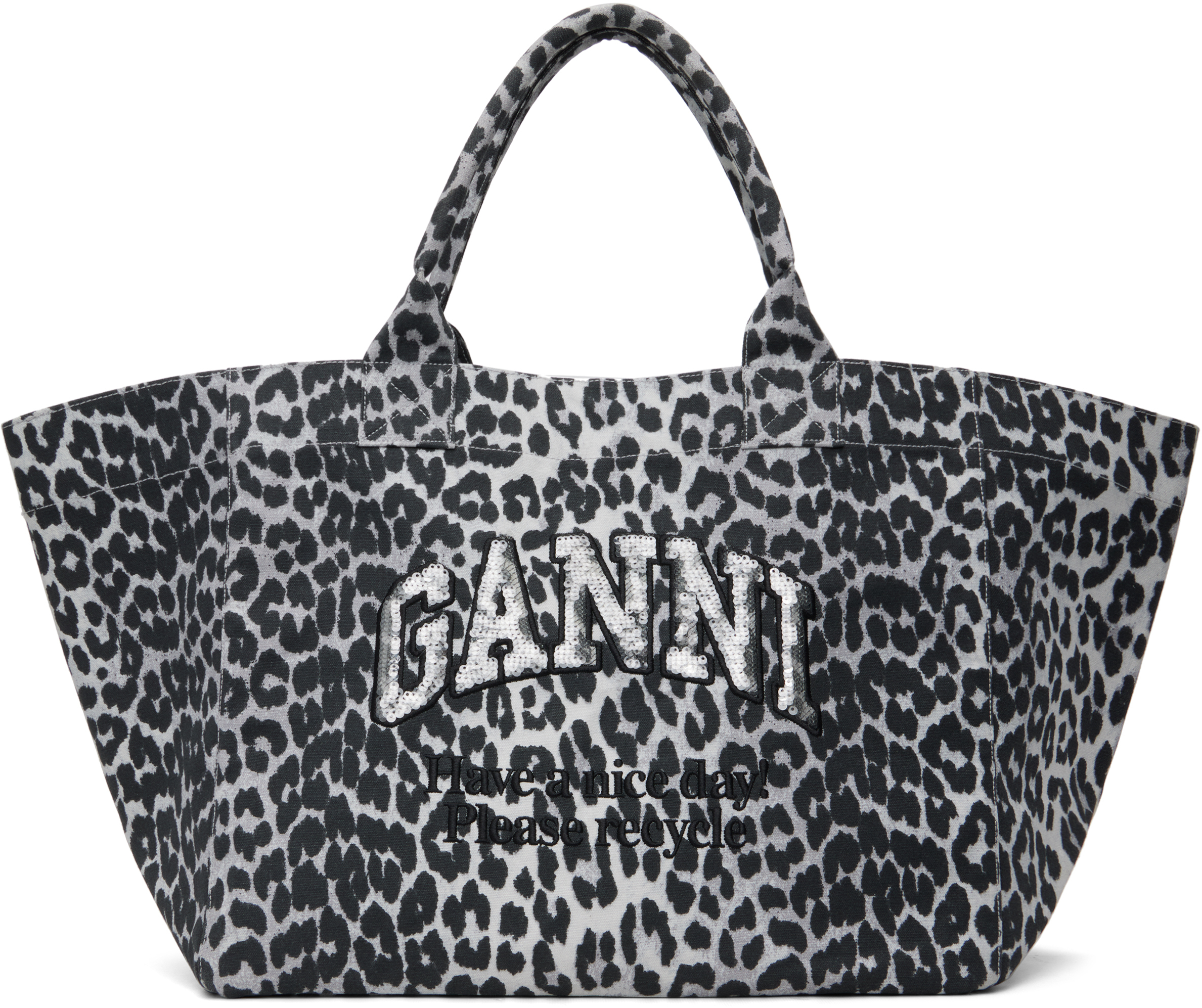 GANNI: グレー XXL Sequin レオパード トートバッグ | SSENSE 日本