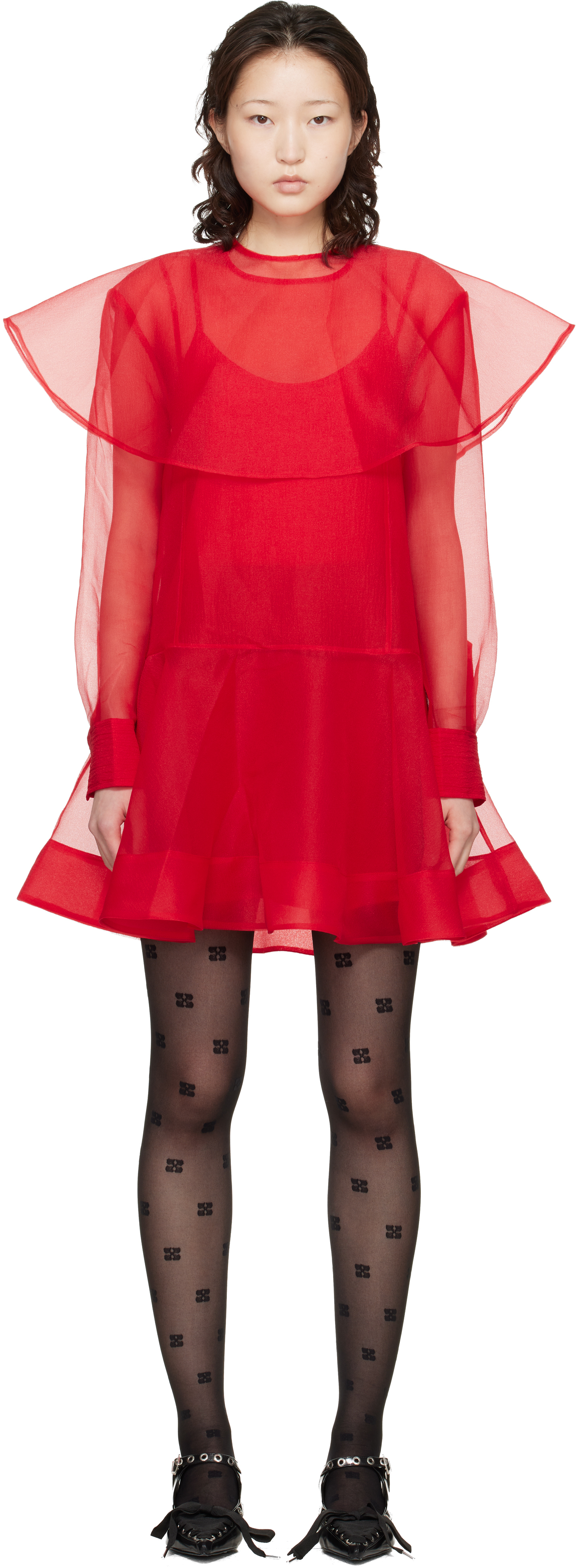 GANNI Red Organza Circle Collar Minidress