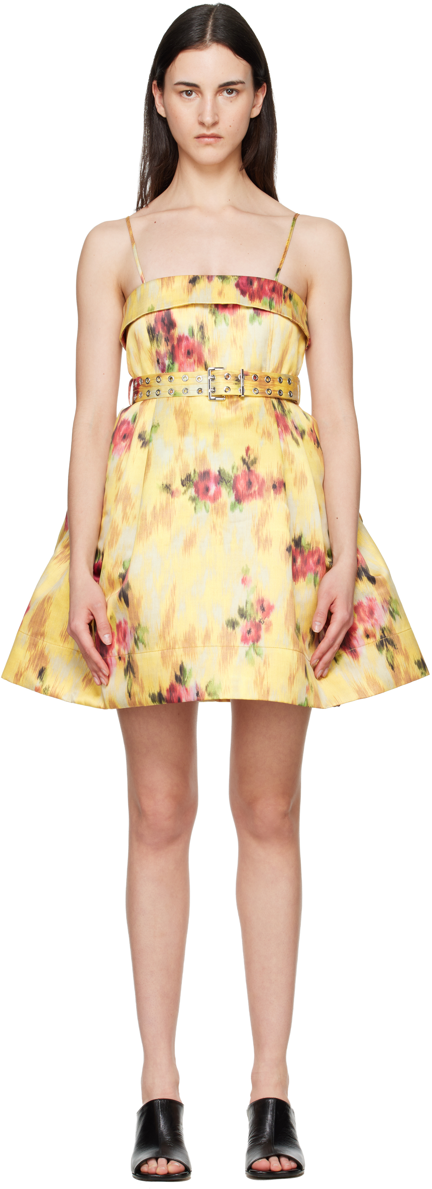 GANNI ナイロンサテンミニドレス ganni-yellow-printed-satin-