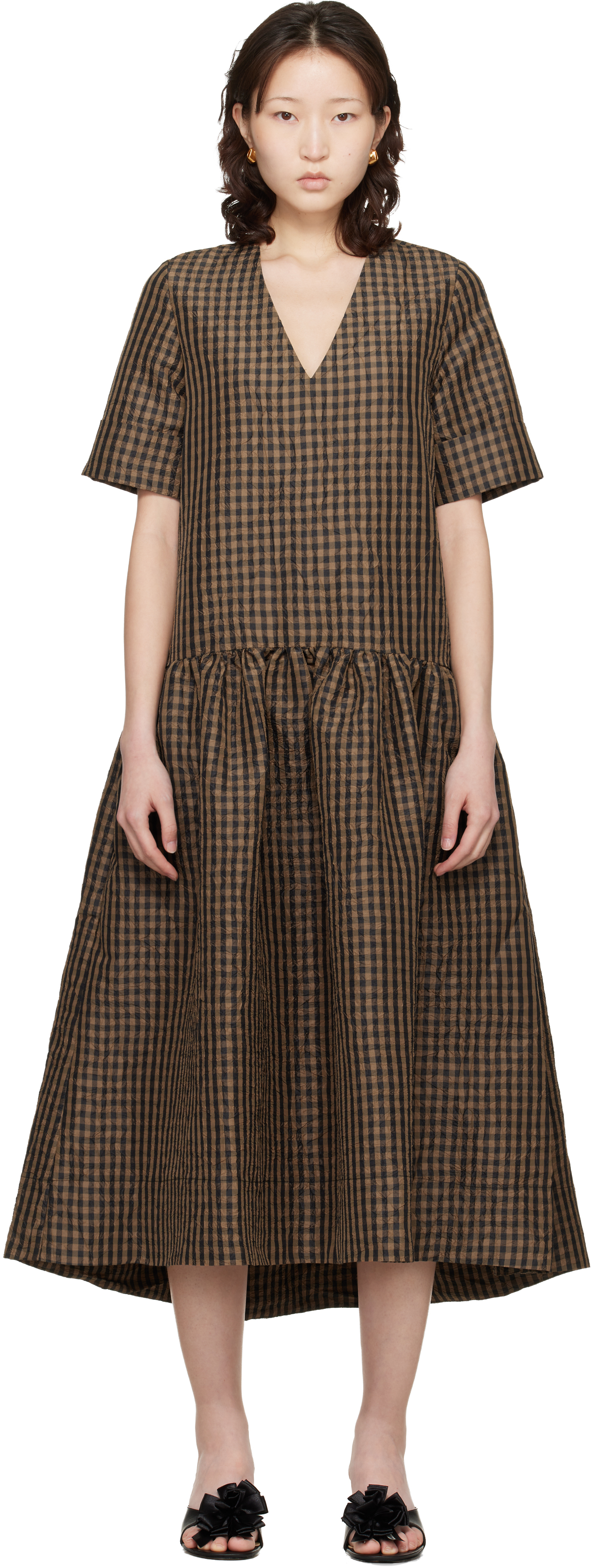 GANNI: Brown Crinkled Check Maxi Dress | SSENSE GANNI: Brown Crinkled Check Maxi Dress | SSENSE