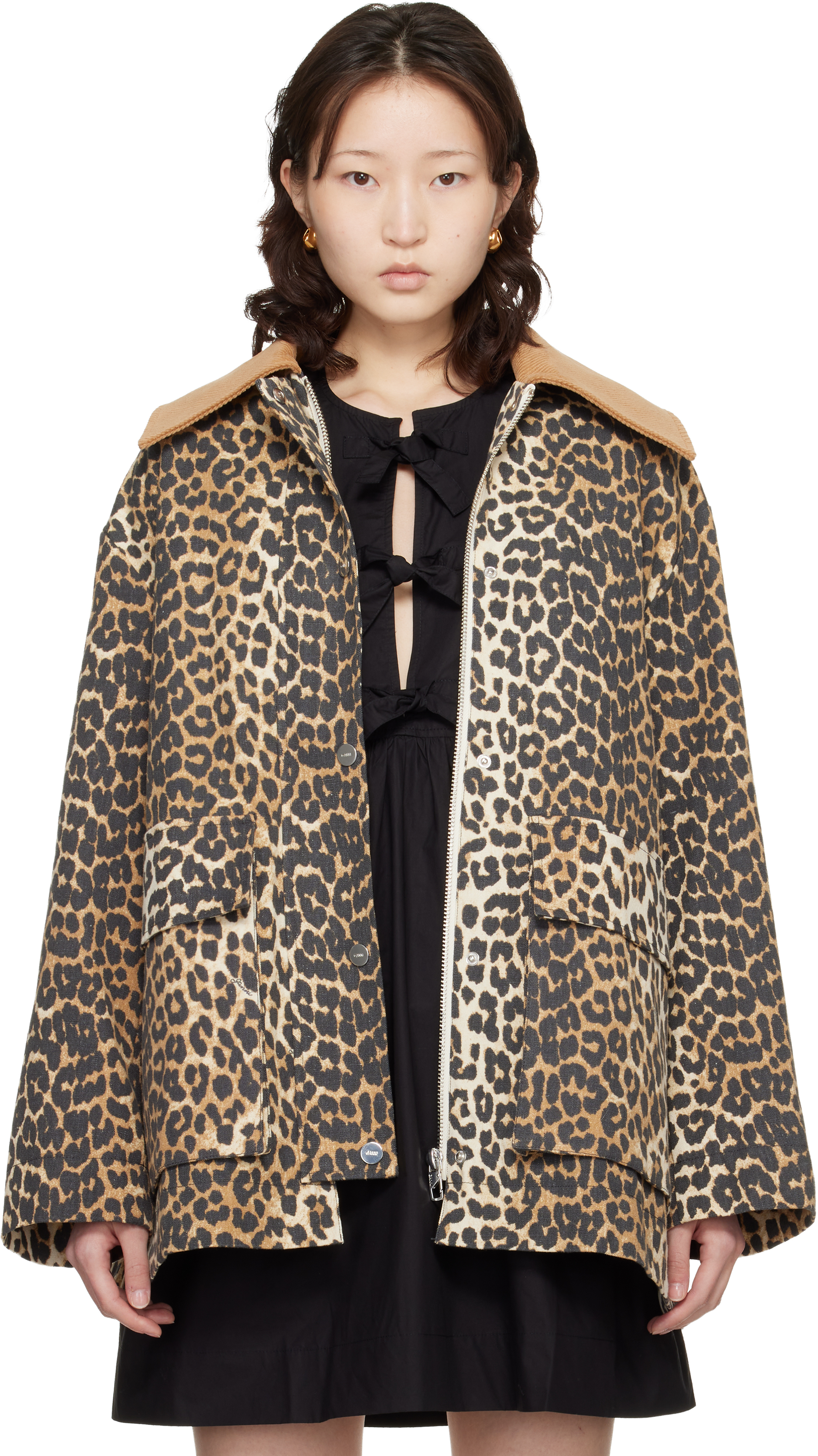 GANNI Beige Leopard Printed Canvas Midi Jacket